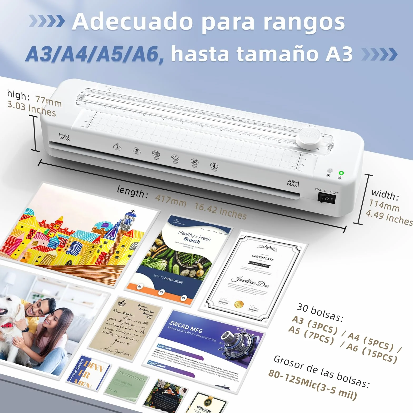 Crenova Plastificadora A3 con 30 Láminas, Máquina de Laminación en Caliente y Frío con Cortador de Papel y Redondeador de Esquinas