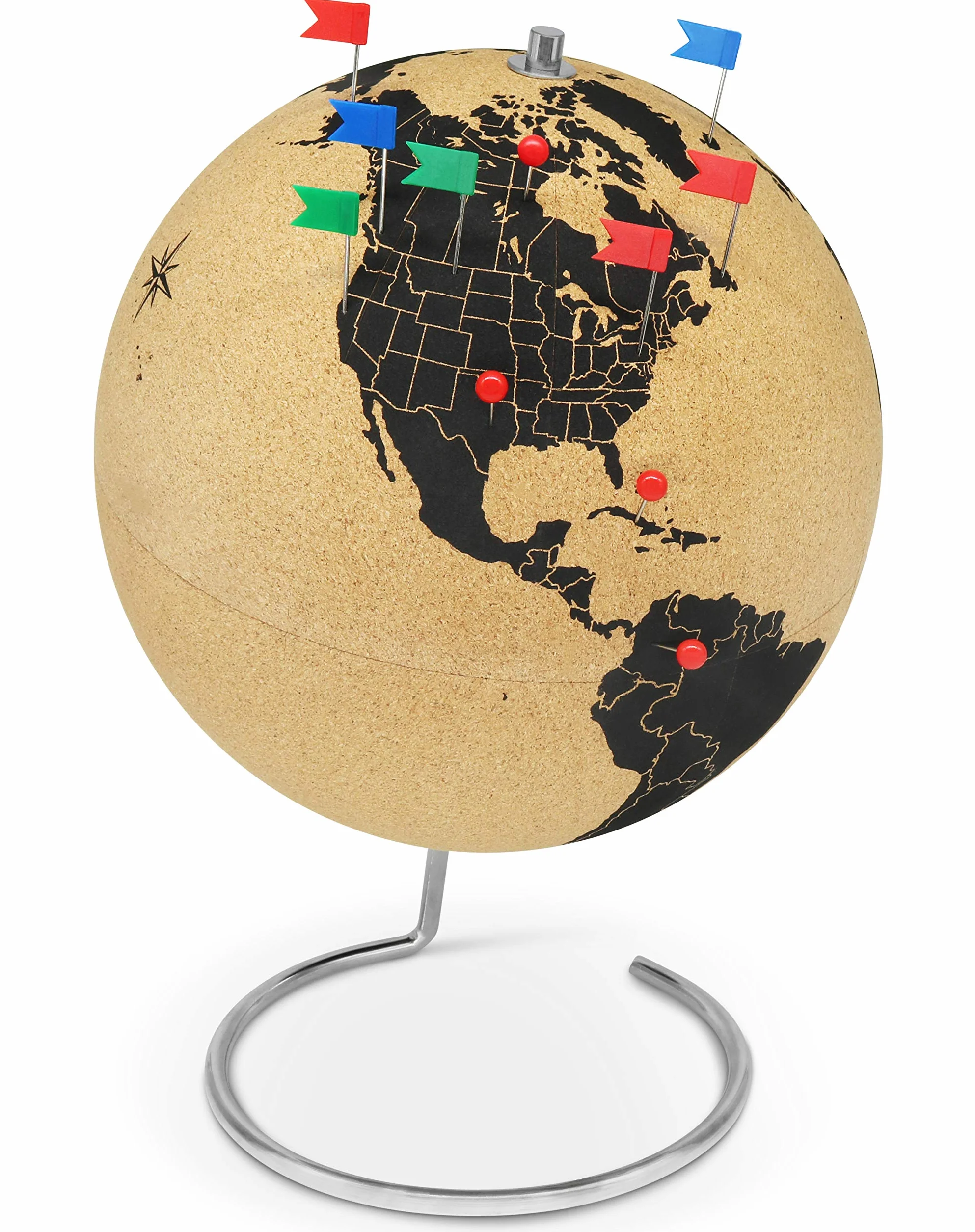 Gran globo terráqueo de corcho de 33 cm de alto con 54 chinchetas diferentes - Globo terráqueo giratorio hecho de corcho - Globo terráqueo como idea de regalo para los amantes de los viajes