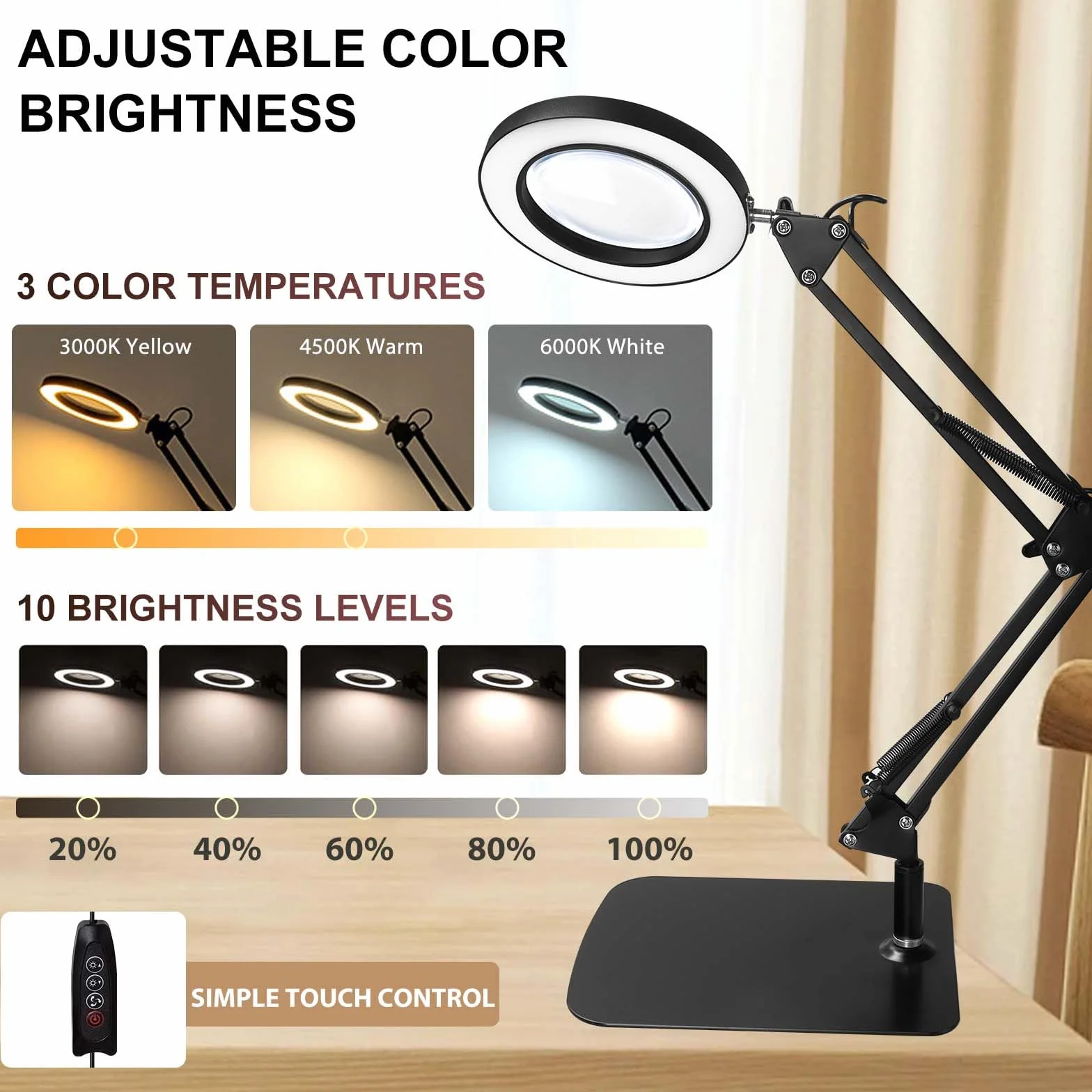 UCAMP Lupa 10X LED de Lampara Escritorio, Lámpara de Aumento con Soporte, Lupa para Esteticistas y Manualidades, Luz LED para Costura y Reparación