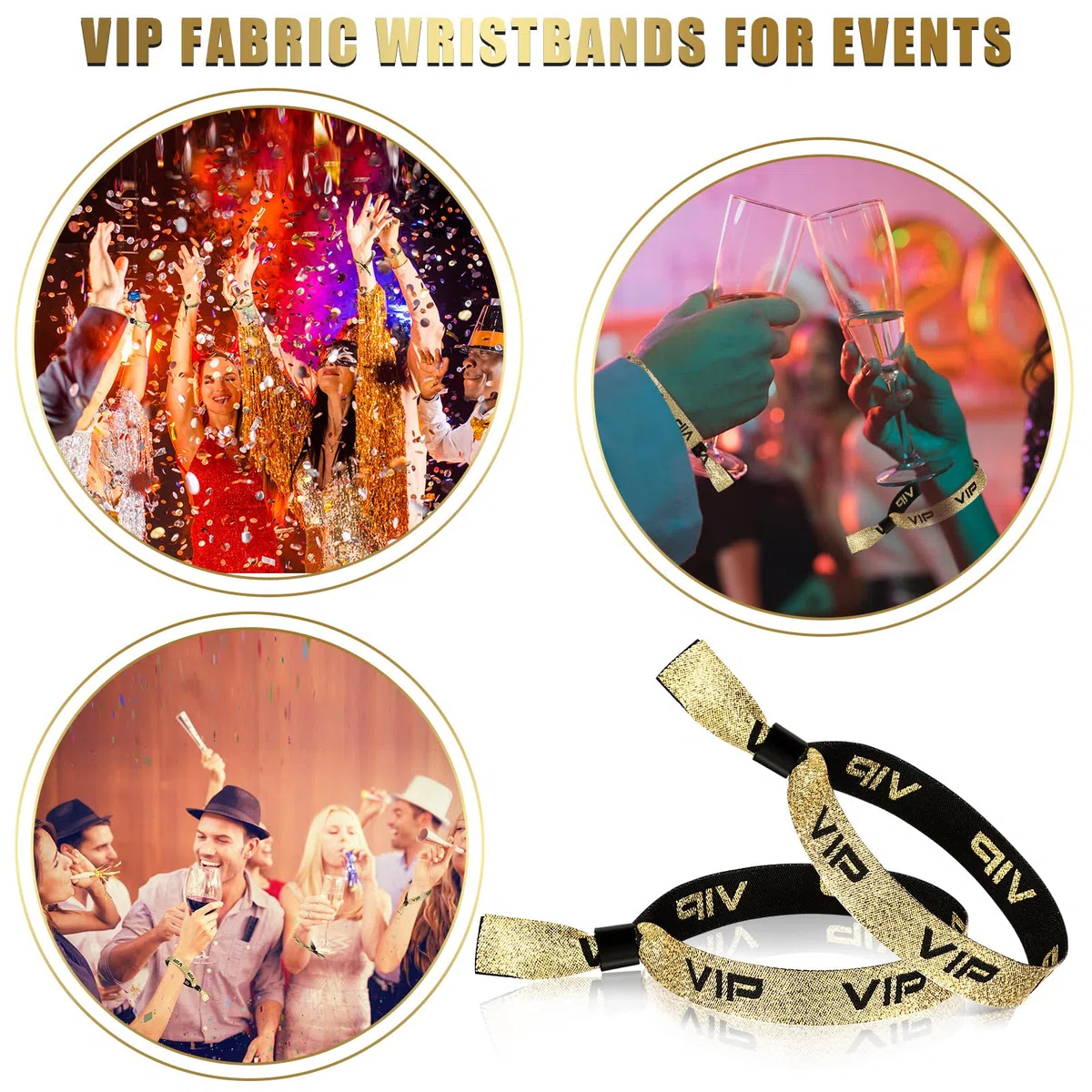 Aoriher 100 Pulseras de Identificación de VIP de Tela Banda de Entrada de VIP Cinta de Muñeca de Evento con Cierre Pulsera de Festival de Oro Negro para Fiesta Parque de Atracciones Concierto(Dorado)