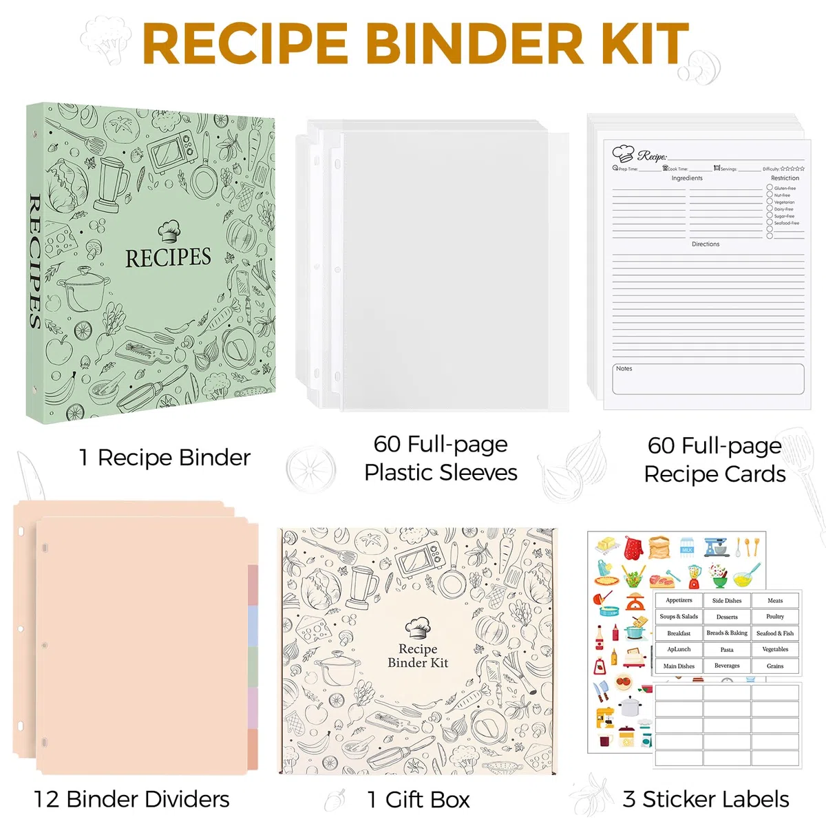 Carpeta de recetas de 8.5 x 11 pulgadas, 3 anillos redondos de 1 pulgada, libro de recetas para escribir en tus propias recetas, receta con 60 fundas de plástico, 12 divisores, 60 tarjetas de recetas