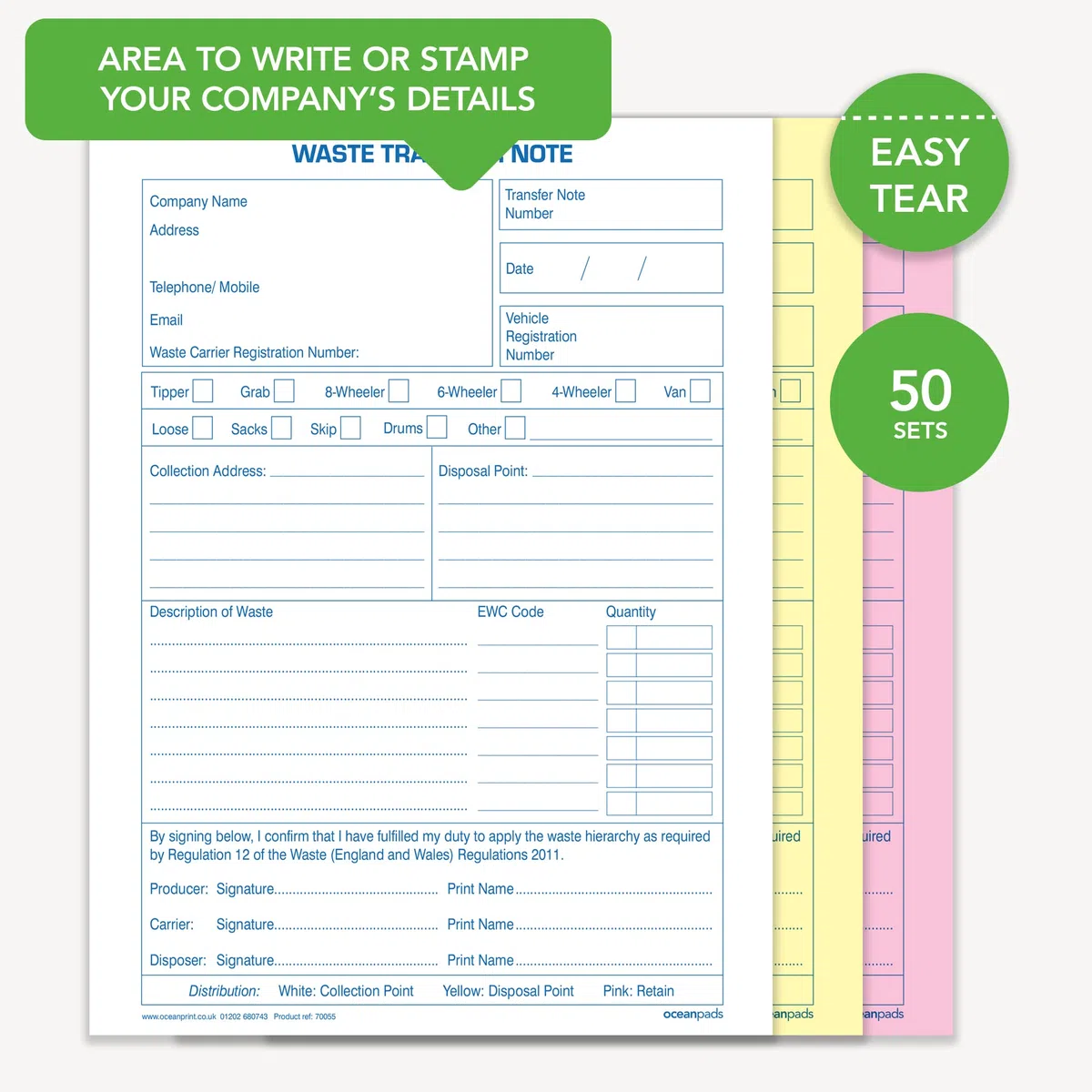 Ocean Pads 70055 - Cuaderno de papel autocopiativo de 3 partes (A5, 50 unidades)