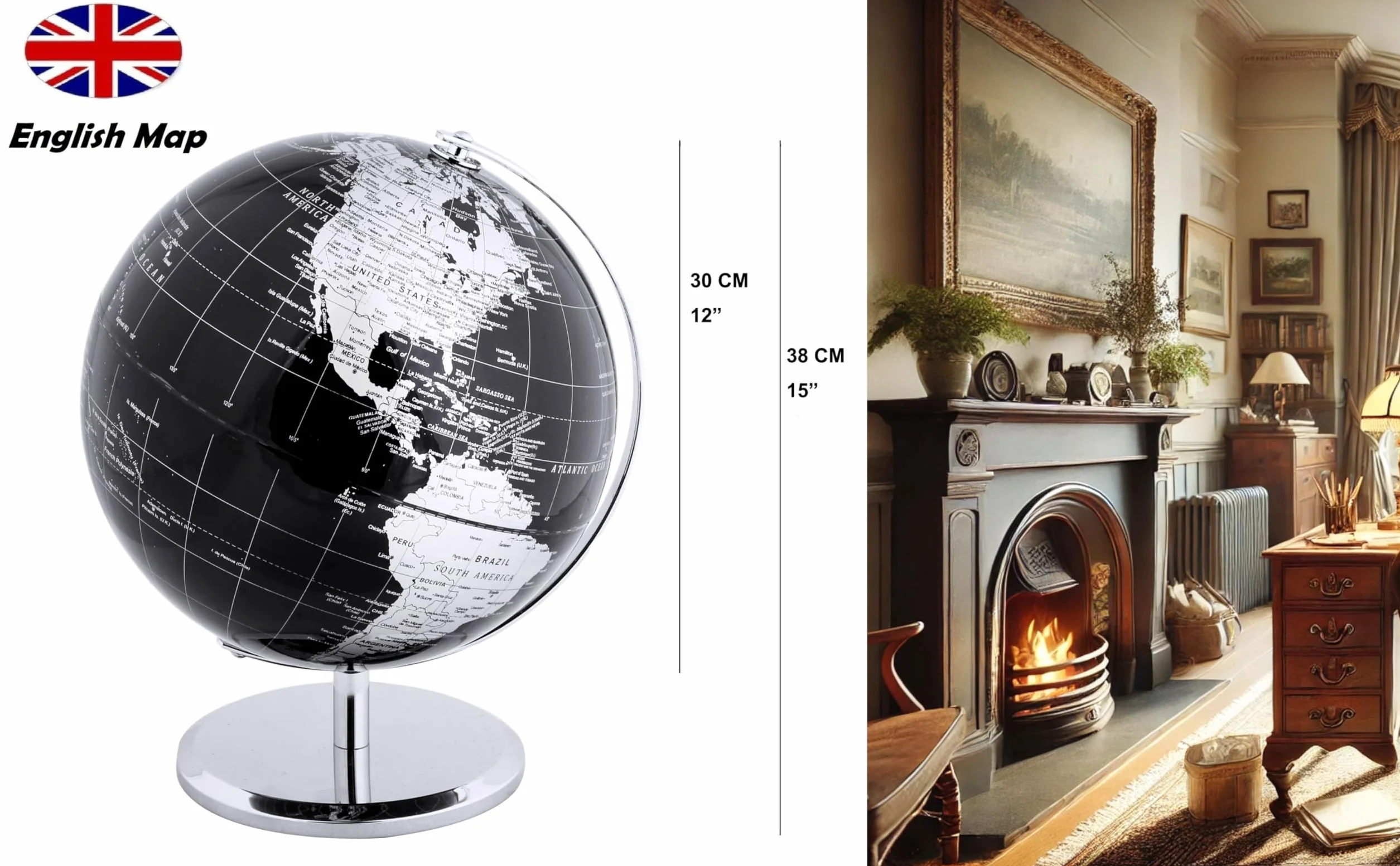 Exerz 30cm Globo Terráqueo - Mapa en Inglés - Decoración de Escritorio educativa/geográfica/Moderna - con una Base de Metal - Negro Metálico - Diámetro: 30cm