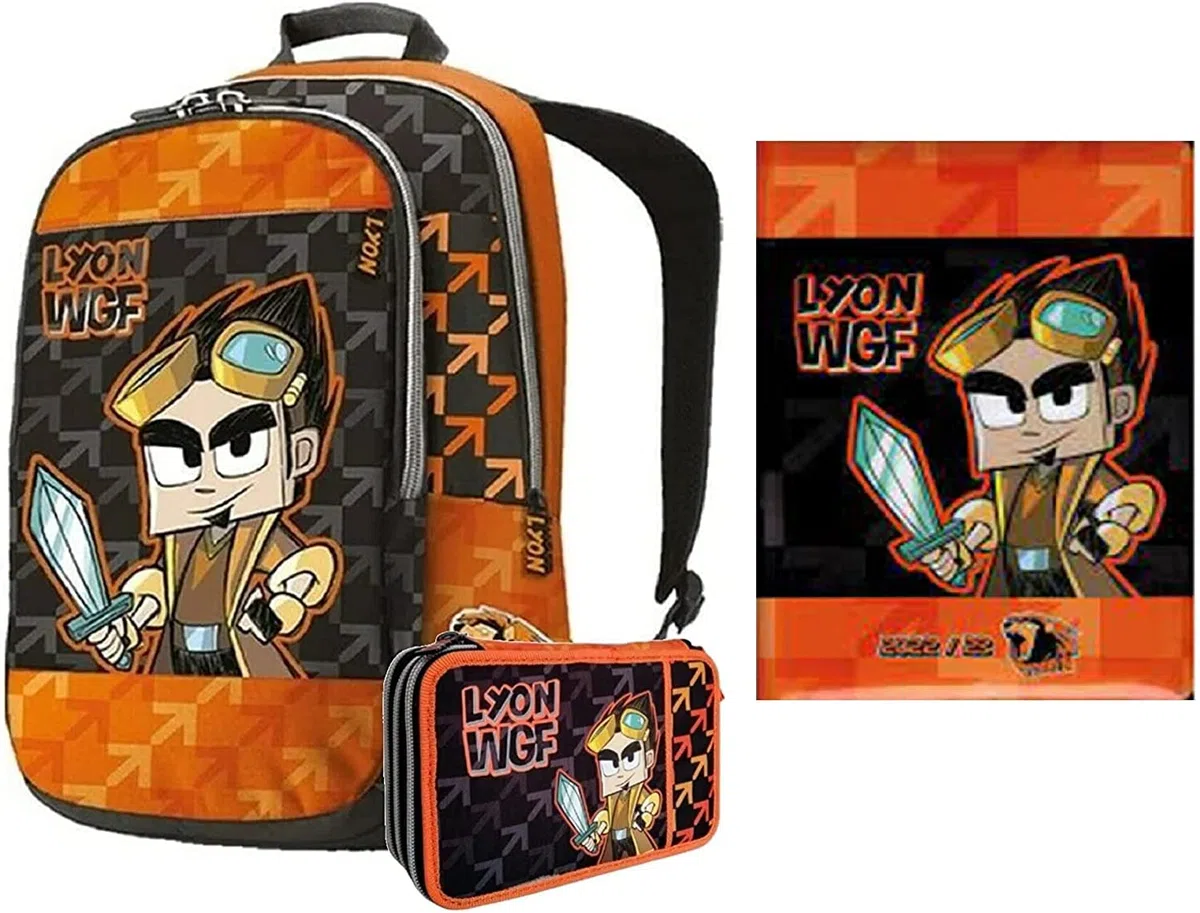 Juego escolar Lyon Game Mochila doble compartimento + estuche 3 cremalleras 4School + diario 12 meses ! 20222023 bocadillos kit escolar completo lyon gamer, naranja., Mochila organizada + estuche