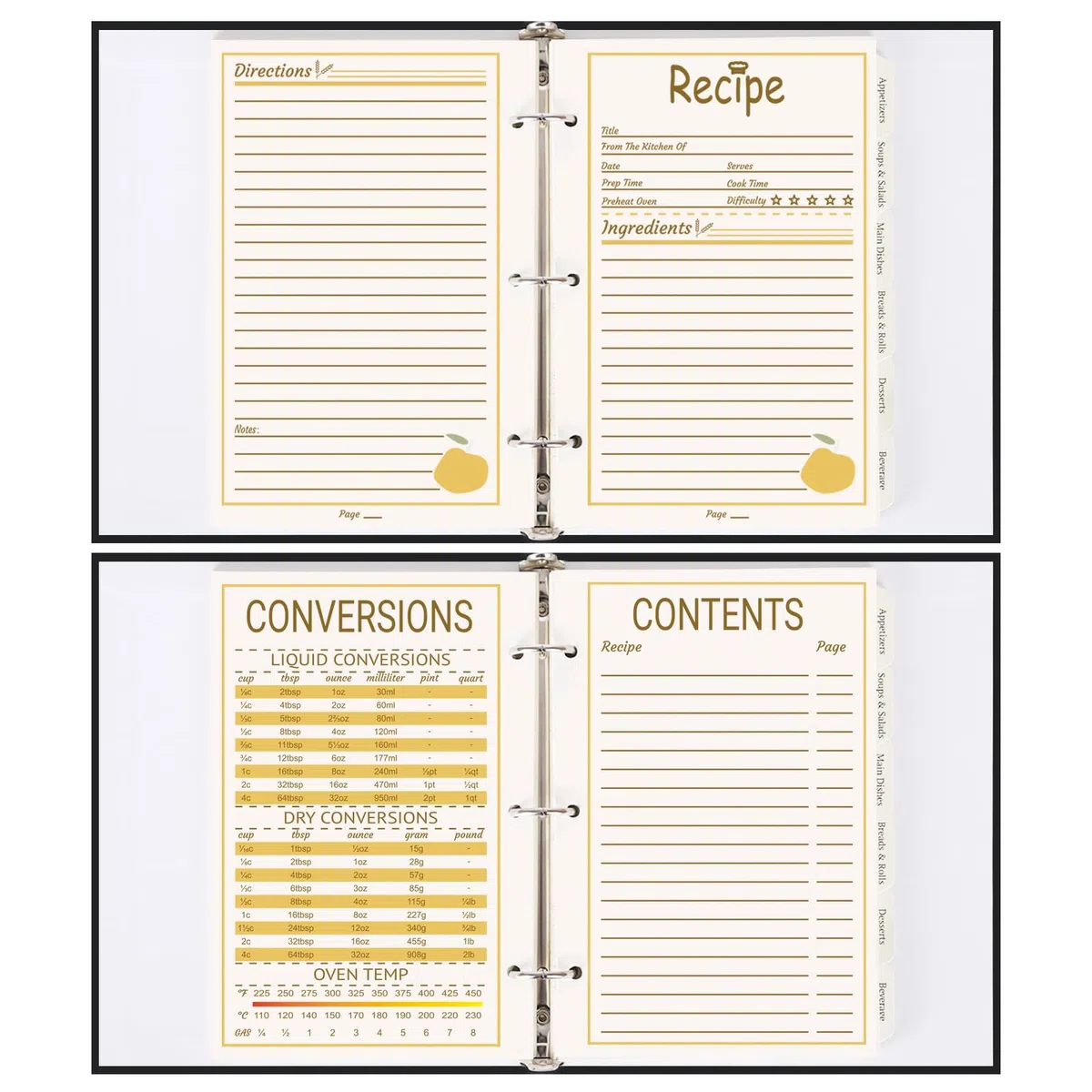 YBCPACK Juego de carpetas de recetas de 3 anillos A5, 1 paquete de libro de recetas de 9 x 7 pulgadas para escribir en tus propias recetas, cuaderno de recetas incluye 100 páginas de recetas (5.5 x