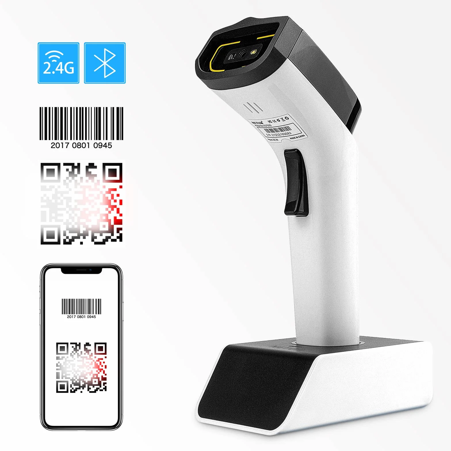 NETUM Escáner de Código de Barras Inalámbrico Bluetooth con Base de Carga Pistola de Escaneo de Detección Automática Funciona con Mac OS, Windows, iOS, Android - DS7500 (Blanco) | Con base de carga y memoria integrada, escaneo automático, rápido y preciso