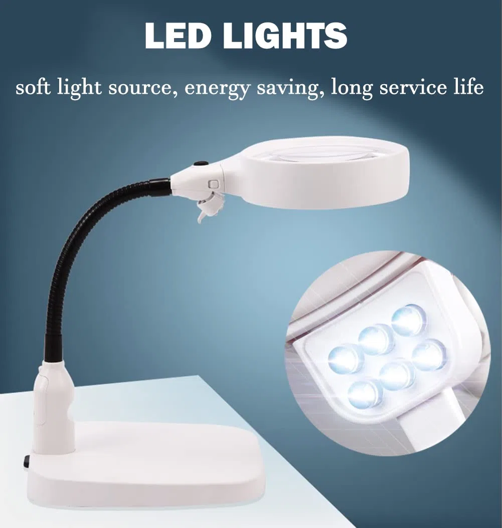 Lámpara de aumento de 10 aumentos con luz, lupa de escritorio manos libres con 6 luces LED y base resistente para leer, reparar, manualidades