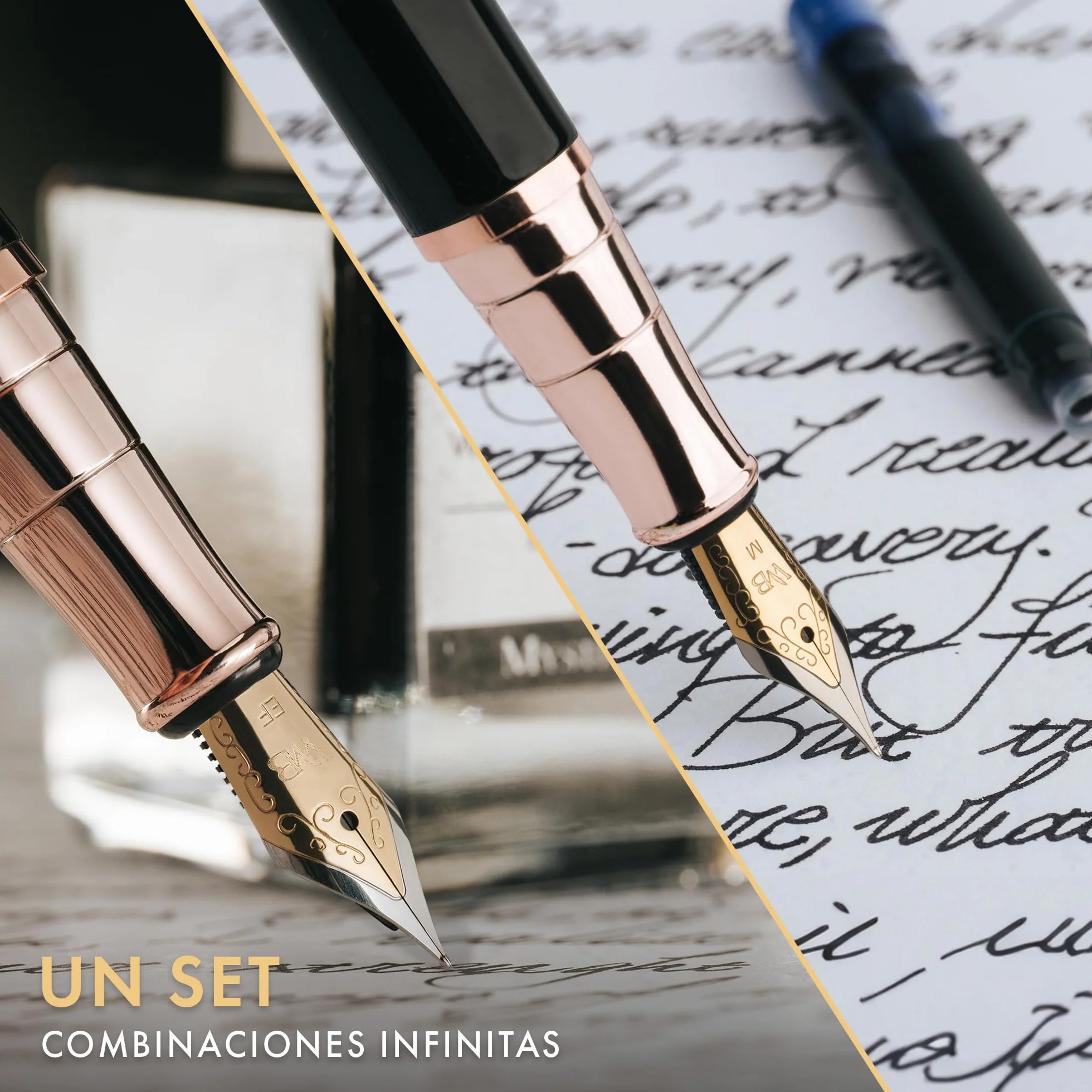Wordsworth & Black Juego de pluma estilográfica, plumines medio y extrafino chapados en oro de 18K,botella negra de 25ML,6 cartuchos de tinta,convertidor de recarga,escritura suave [Negro y Oro Rosa]