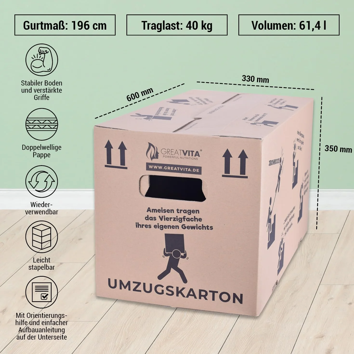 GreatVita - Cajas para mudanza (25 unidades, 2 ondulaciones, extra estables hasta 40 kg, 600 x 330 x 350 mm, cartón reciclado, montaje rápido sin cinta adhesiva, cajas móviles y archivbox con asas