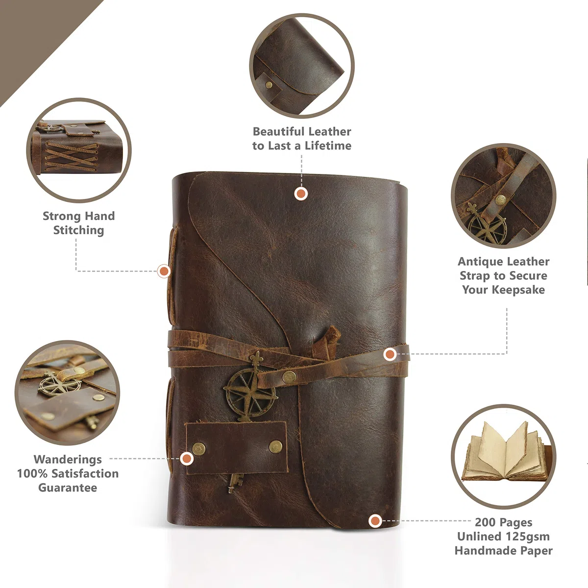WANDERINGS Diario Grande de Cuero Vintage - Diario Encuadernado en Cuero Antiguo Hecho a Mano con Papel de Borde Rustico Desgarrado Antiguo - Perfecto para Escribir, un Grimorio, Dibujar, Como Diario