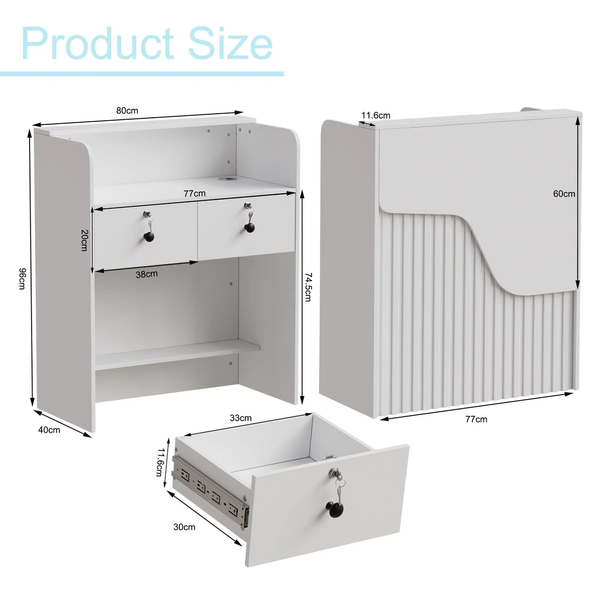 MSFE Mostrador de Recepción con LED Escritorio de Recepción Compacto Mueble de recepción con Cajón con Cerradura Mostrador de Venta Pequeño Mostrador de Tienda para Oficina, Salón, Cafetería