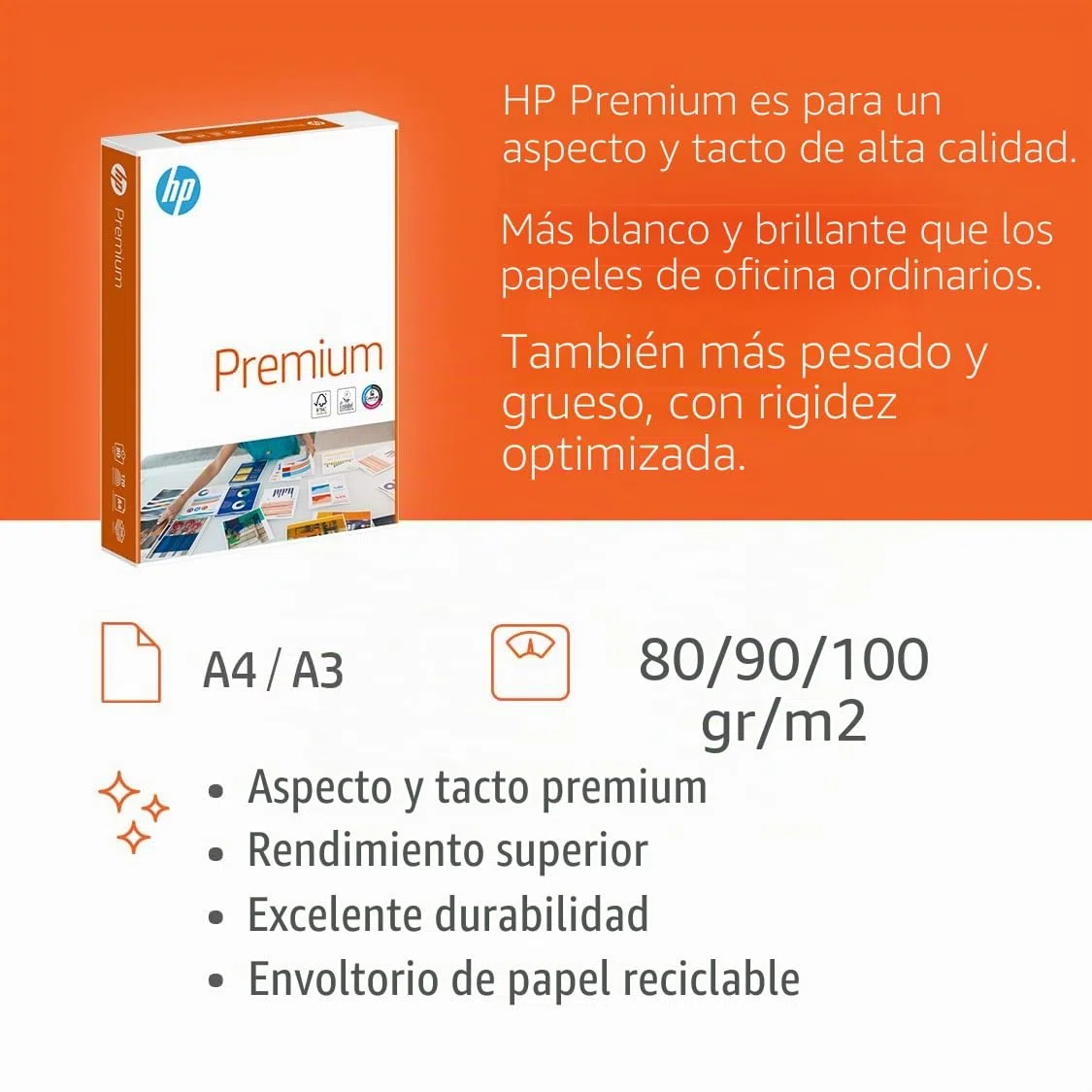 HP PAPERS PREMIUM, Papel superior de alta blancura, A4, 100 g/m2, caja 4 paquetes (2000 hojas) (94297)