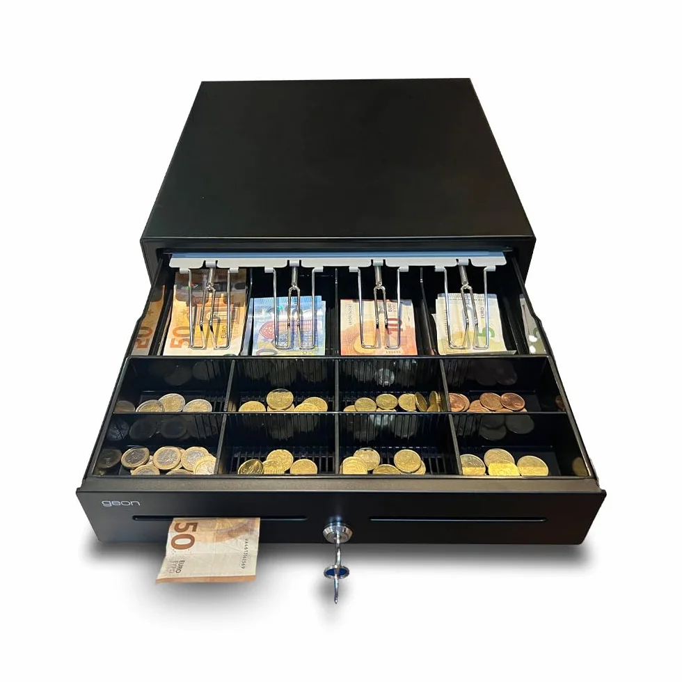 Cajón Portamonedas Caja Registradora Metálico 41x42x11cm Negro Apertura Automática RJ11 Manual con Llaves 4 Compartimentos Billetes 8 Monedas