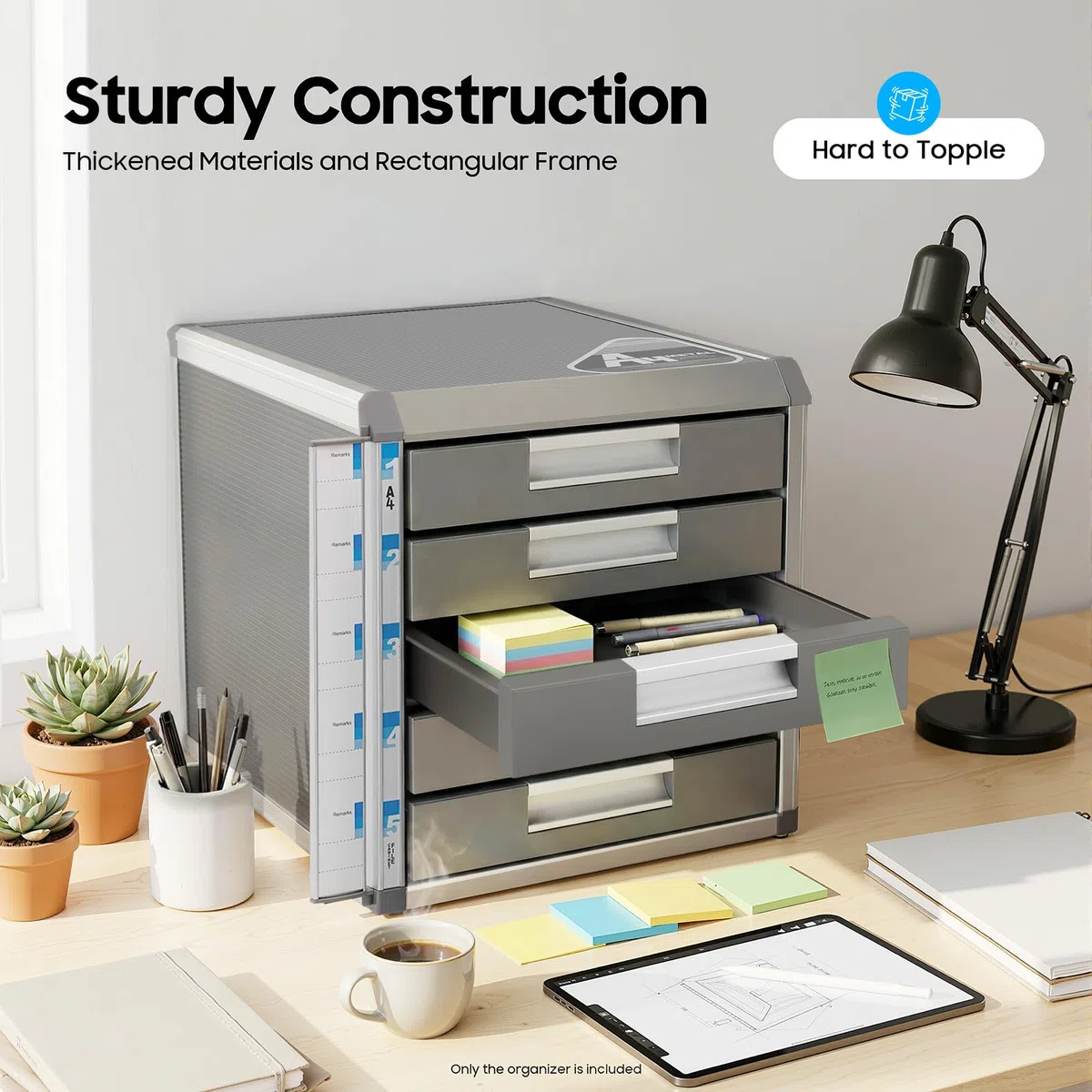 Organizador de cajones con cerradura, caja de cajones con cerradura A4, aspecto de madera de aluminio, caja fuerte para documentos con 2 llaves, organización de escritorio, se adapta a la oficina en