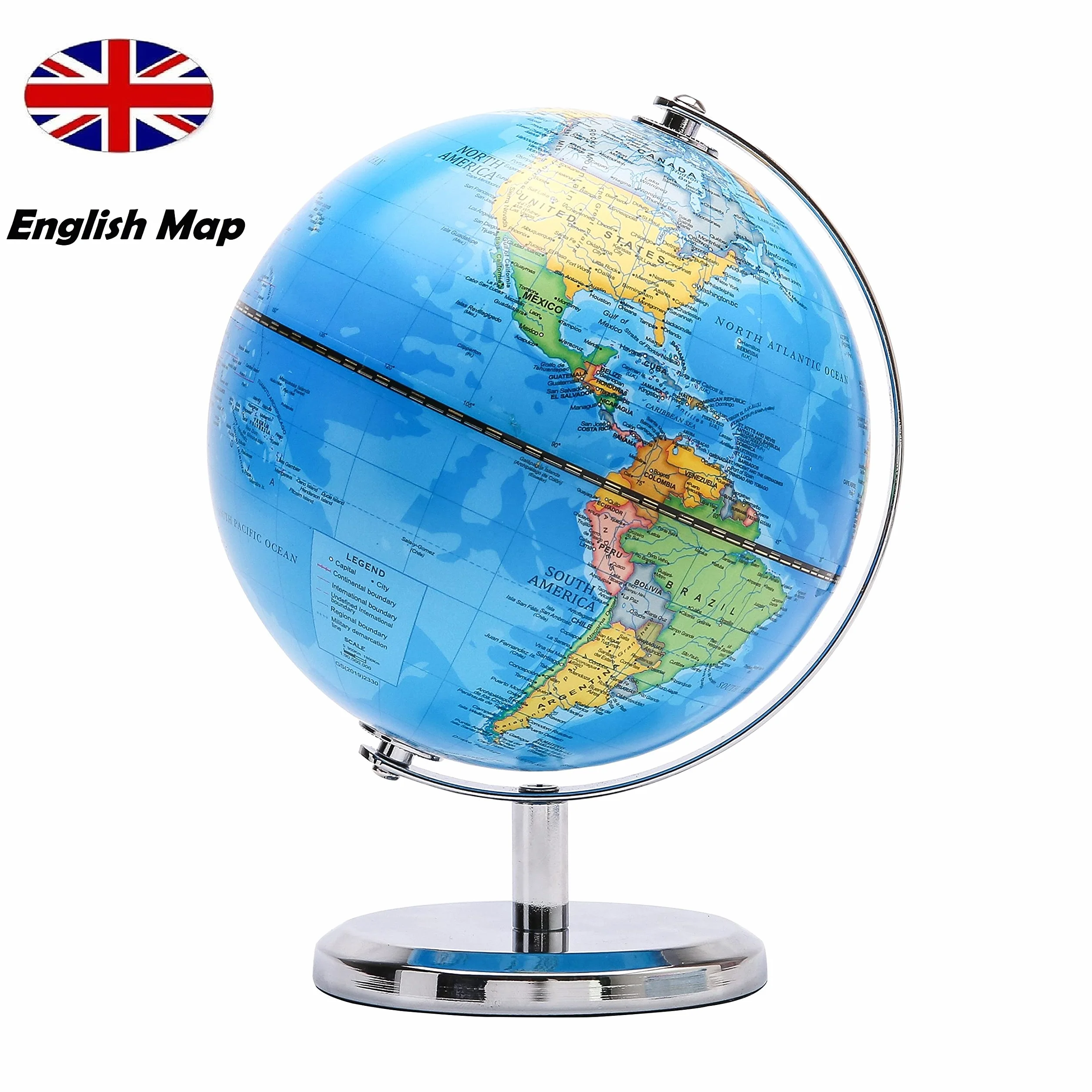 Exerz Globo Terráqueo 20cm - Mapa Político en Inglés - Decoración Educativa y Moderna para Escritorio - Base de Metal (Azul)