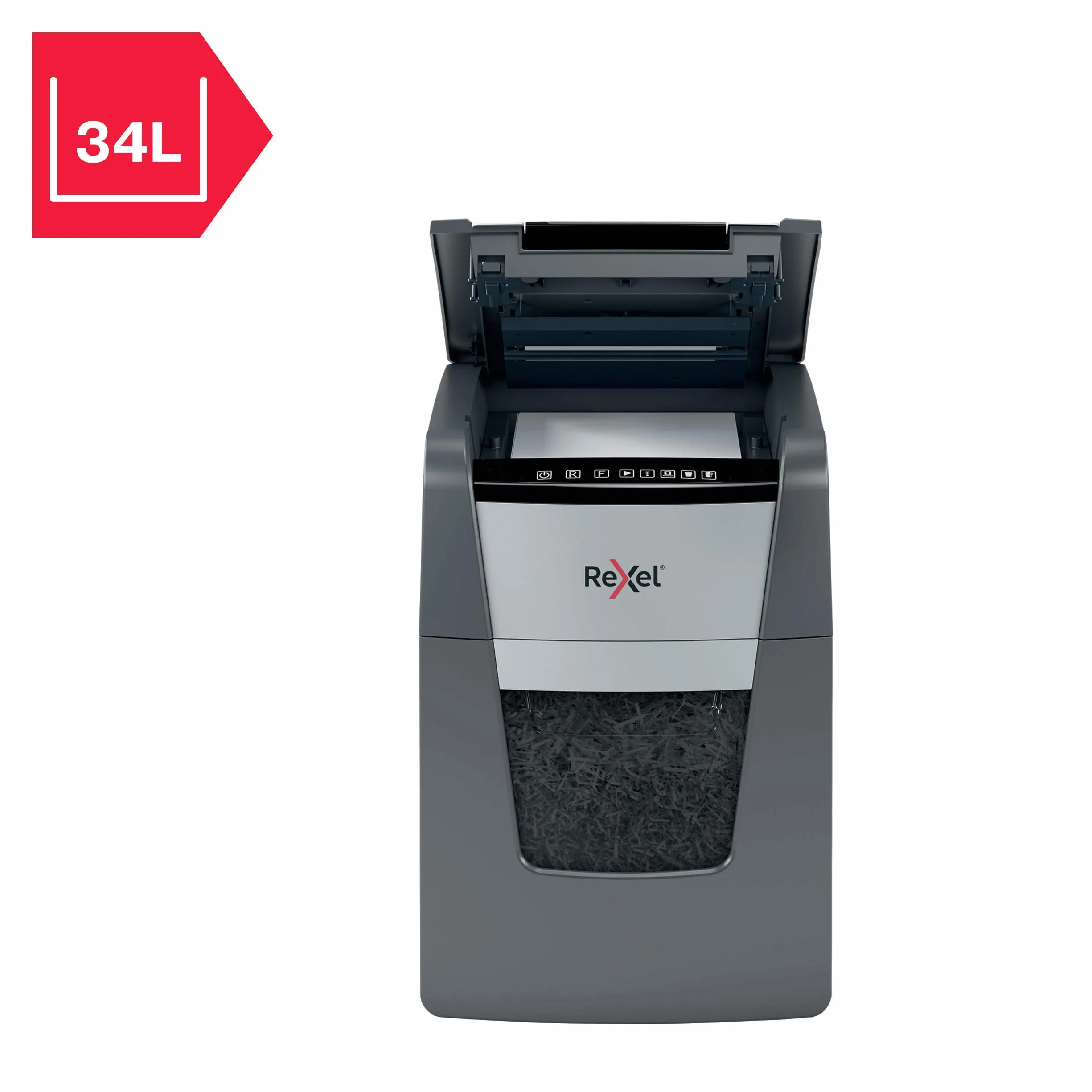 Rexel 2020100MEU - Destructora de Papel Automática Optimum AutoFeed 100M, Microcorte P-5 (2x15 mm), 100 Hojas A4, Papelera Extraíble 34L, Destruye Grapas y Clips, Oficina