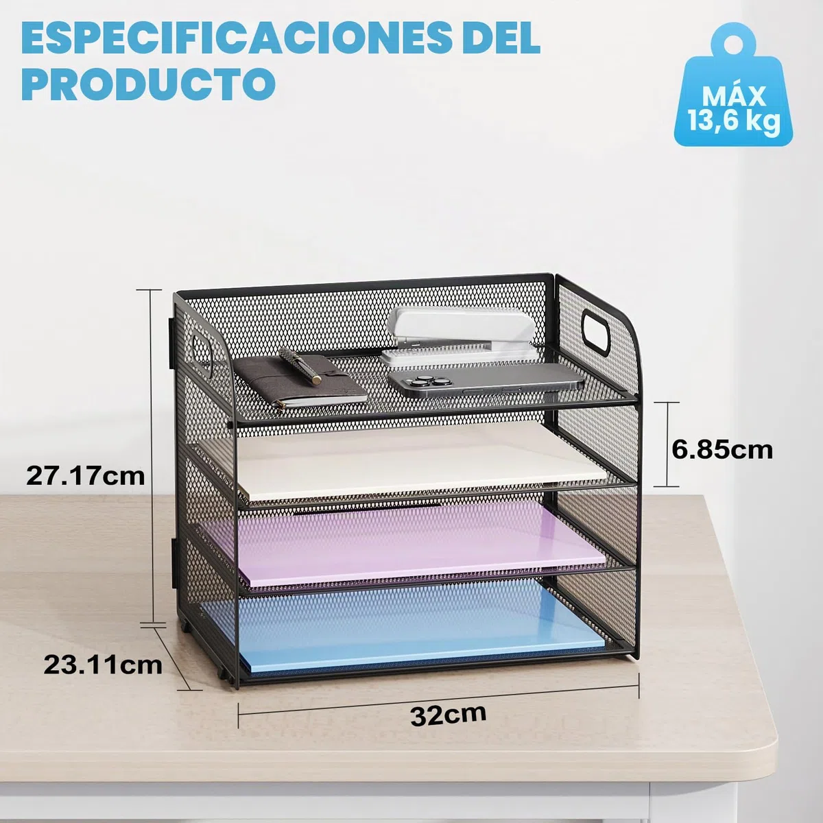 Marbrasse Bandejas de Escritorio Organizador,Bandeja de Papel de Carta de 4 Niveles con Asa,Bandeja de Malla para Escritorio Oficina Hogar A4 Archivo Almacenamiento de Documentos (Negro)