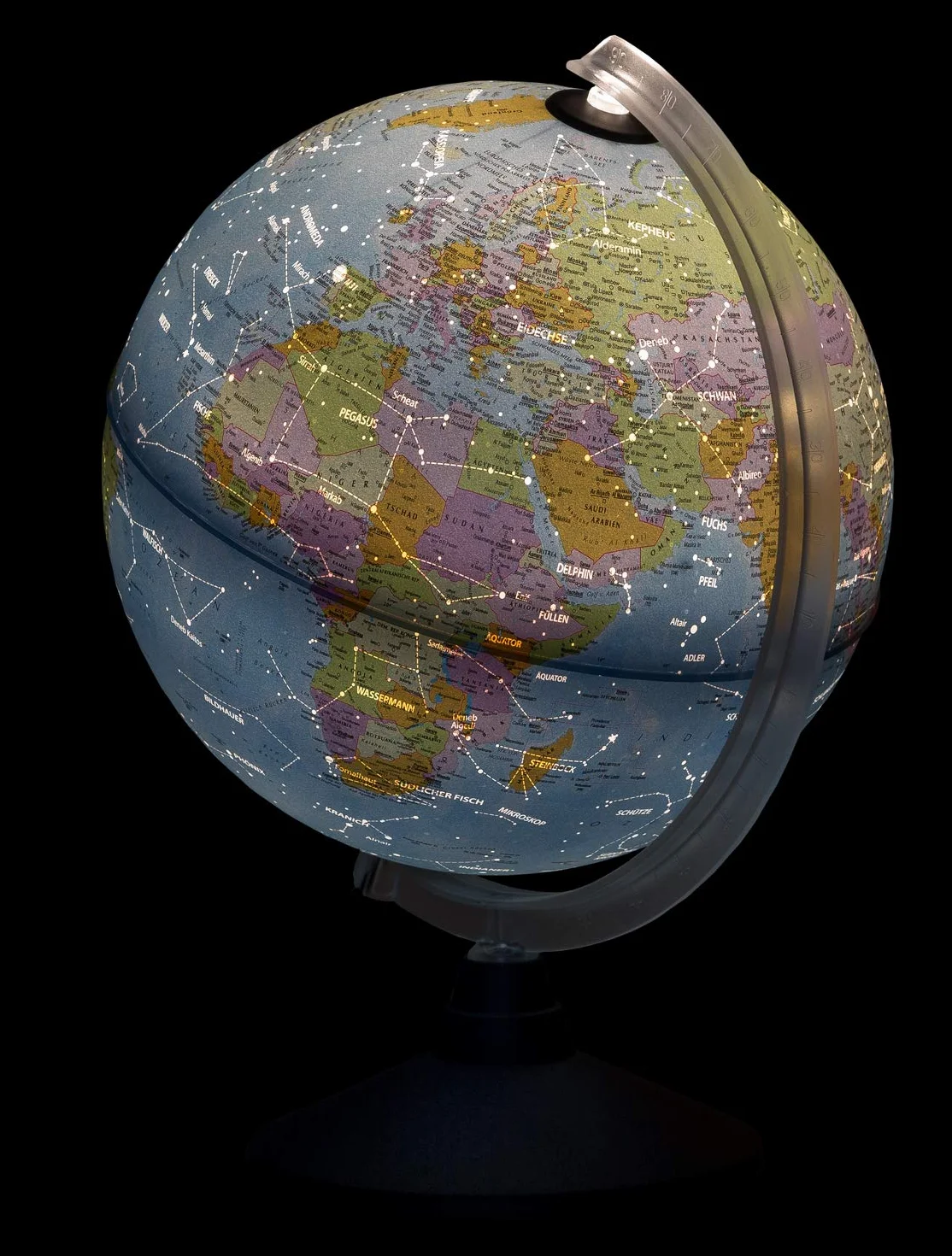 Idena 10411 - Globo terráqueo iluminado por LEDs con constelaciones, interruptor de encendido/apagado, aprox. 25 cm de diámetro, imagen del mapa político y astronómico