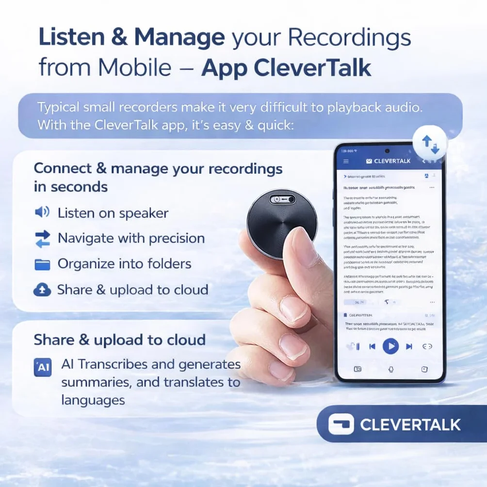 CleverTalk Q37 64GB Mini Grabadora de Voz con IA, Transcripción Automática y Traducción 100+ Idiomas, Activación por Voz, Reducción de Ruido HD, Configuración por App