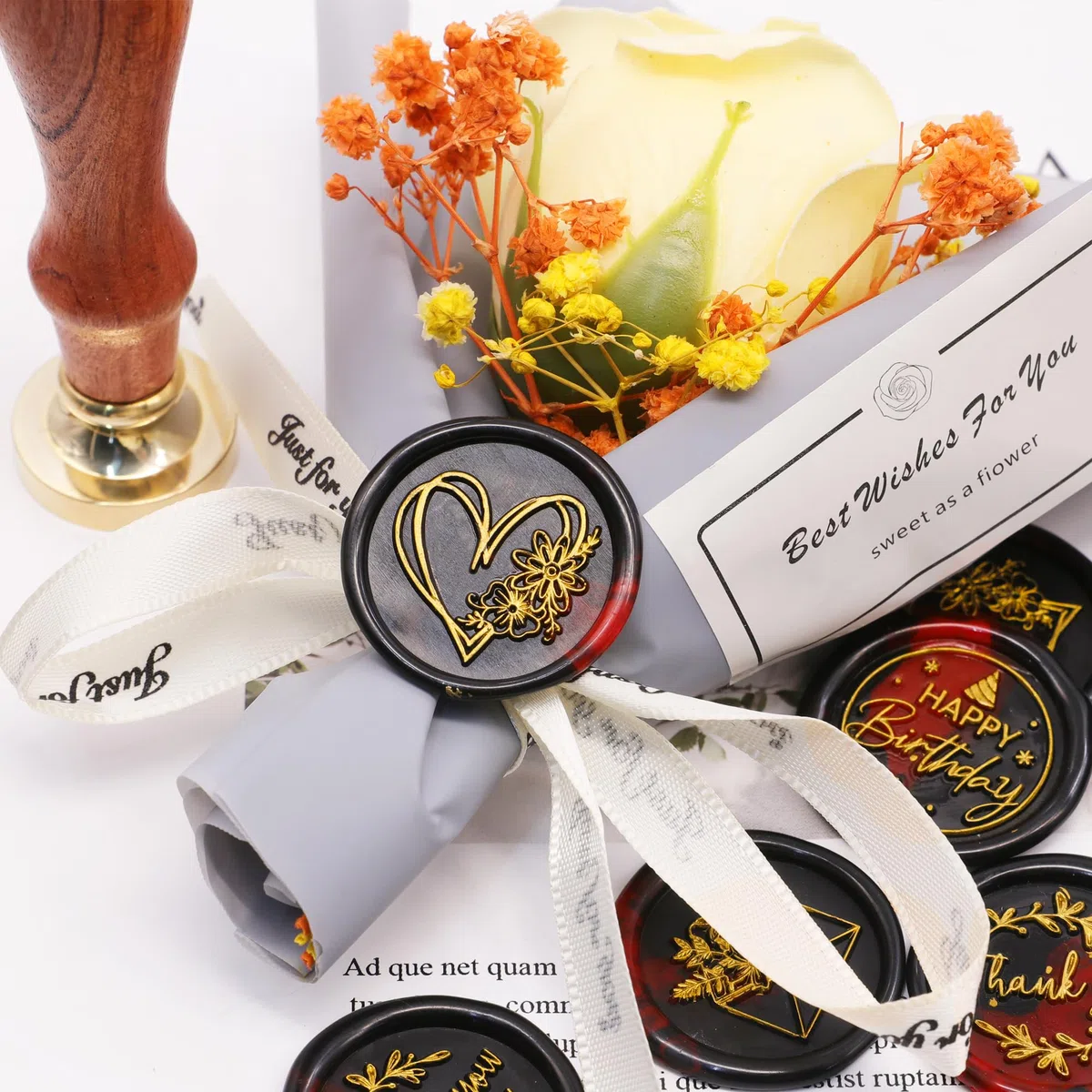 SWANGSA Blessing - Juego de sellos de cera para regalo, 6 cabezales de sello de sellado vintage + 1 mango de madera, kit de sellos de cera para invitaciones de fiesta, sobres, tarjetas y embalaje de