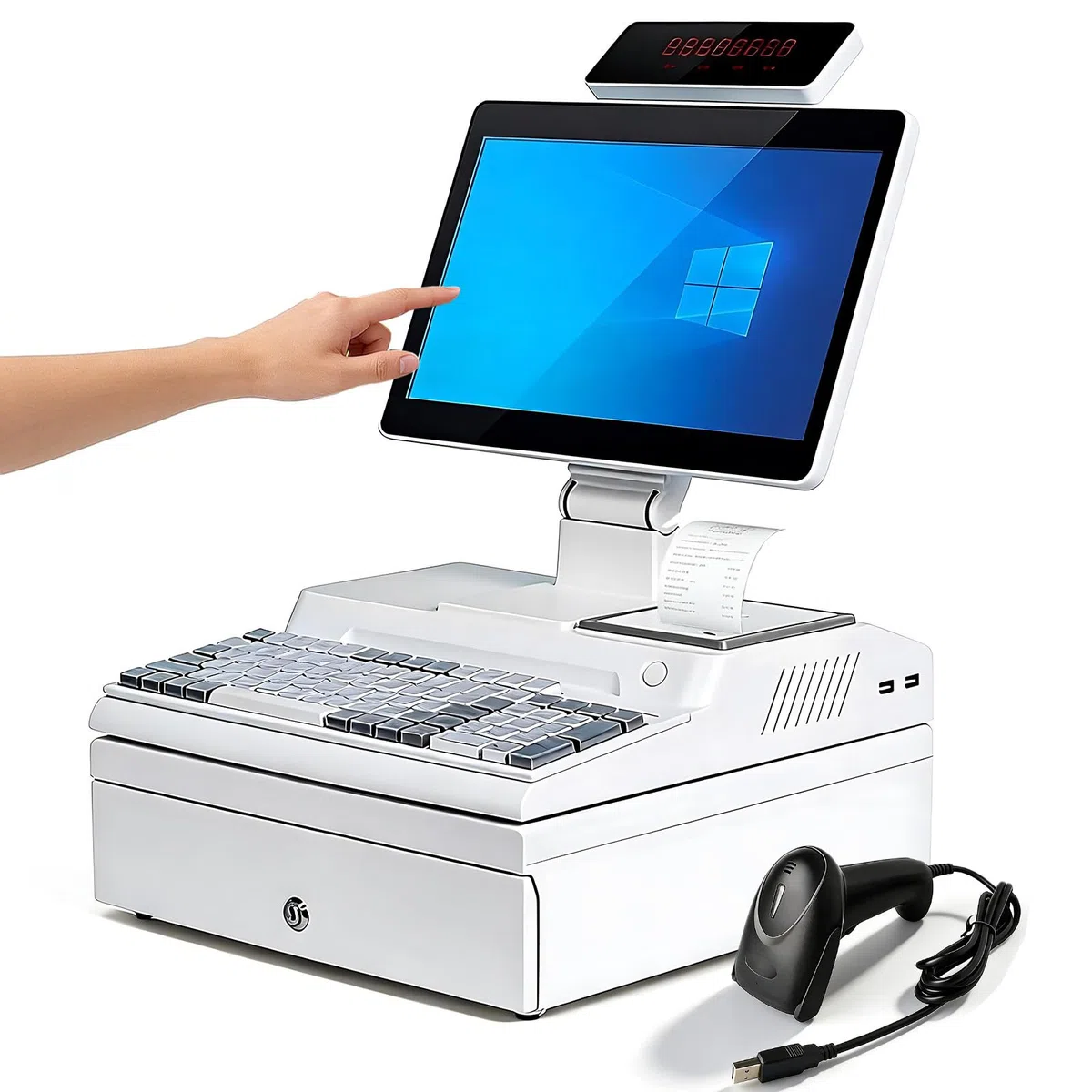 Caja Registradora Windows-10, CPU-I5, 8GB RAM, 256GB SSD, Sistema-TPV Comercial Todo en Uno con Pantalla Táctil de 15.6", Cajón Portamonedas, Impresora y Escáner, Terminal TPV Comercial White