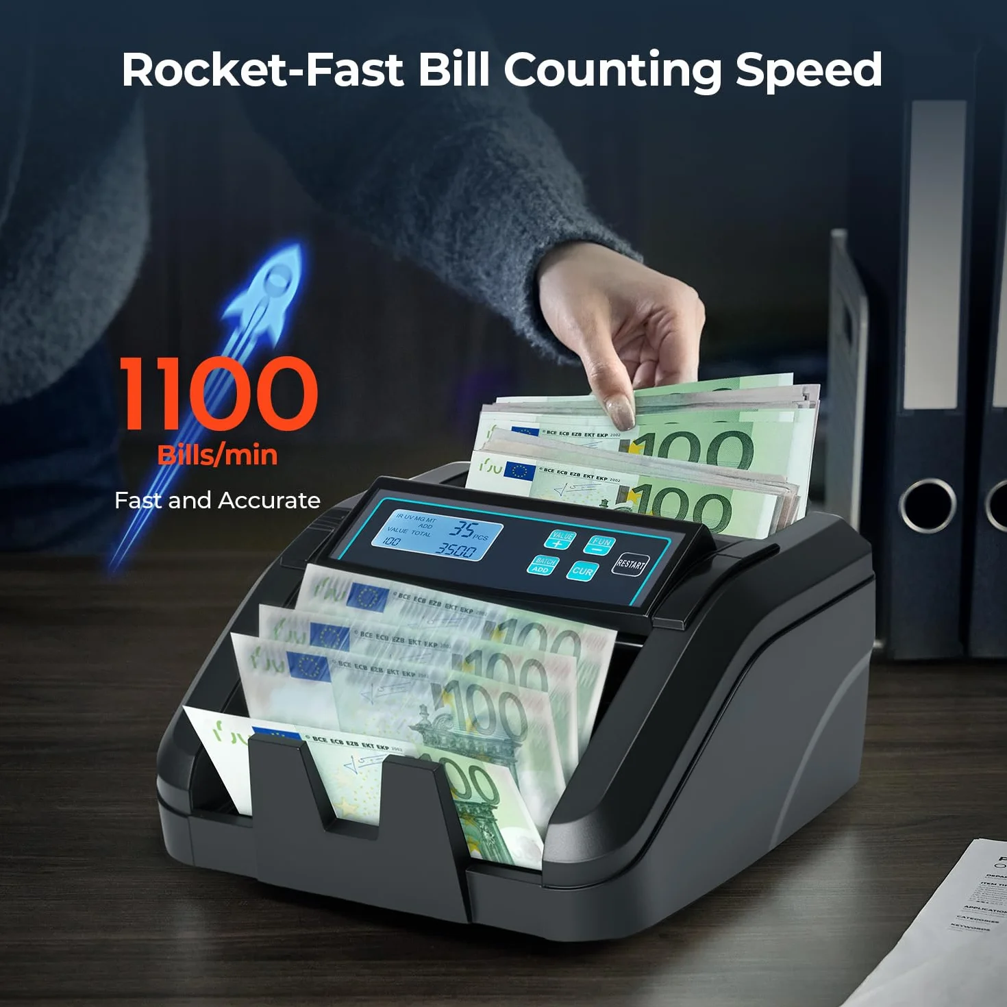 MUNBYN IMC51 Contadora de Billetes UV MG IR MT 1100 Billetes/min Pantalla LCD