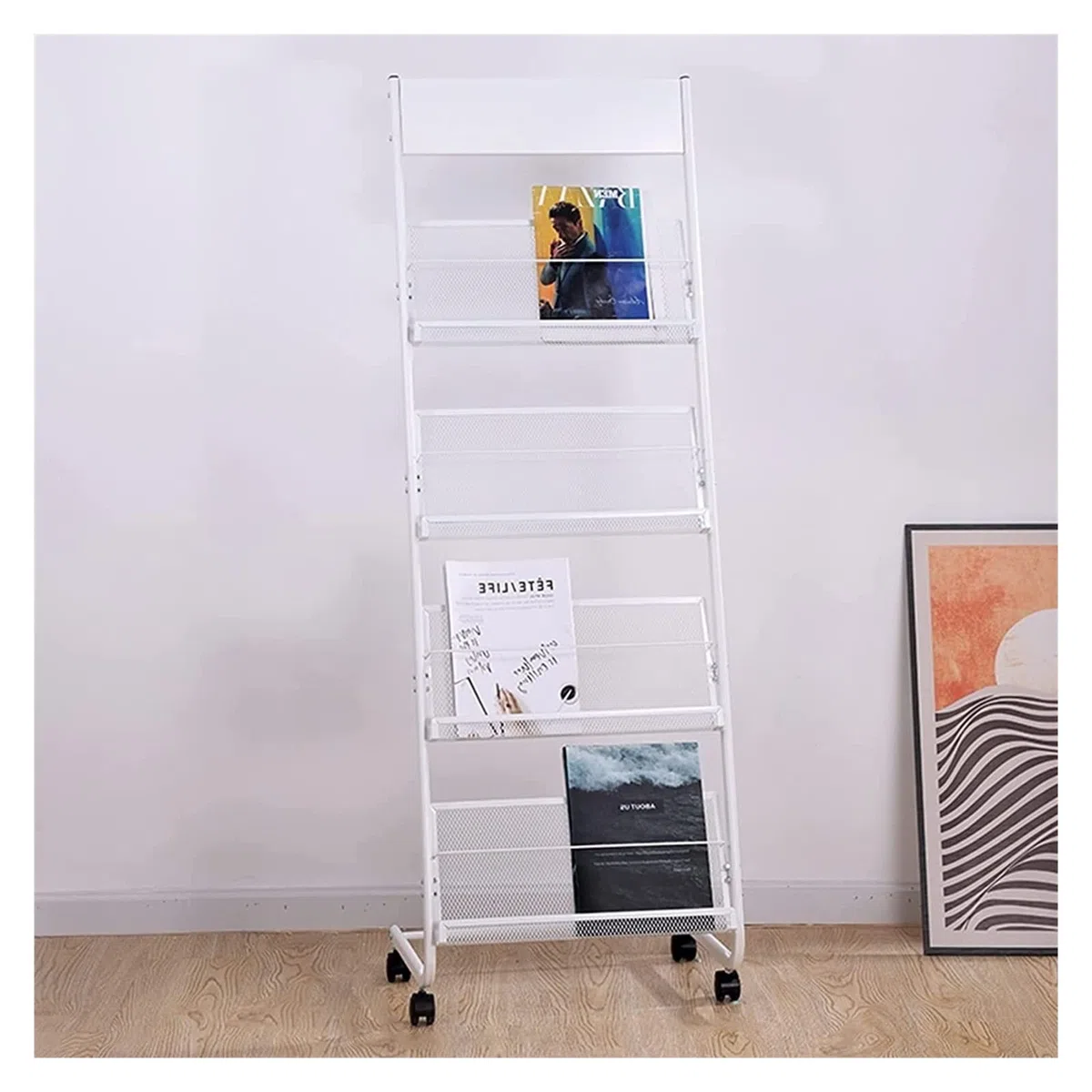 Revistero De Pie De 4 Niveles para Folletos, Carteles Y Literatura. Organizador De Folletos, Pósteres Y Demás. Fácil De Montar. Color Blanco.