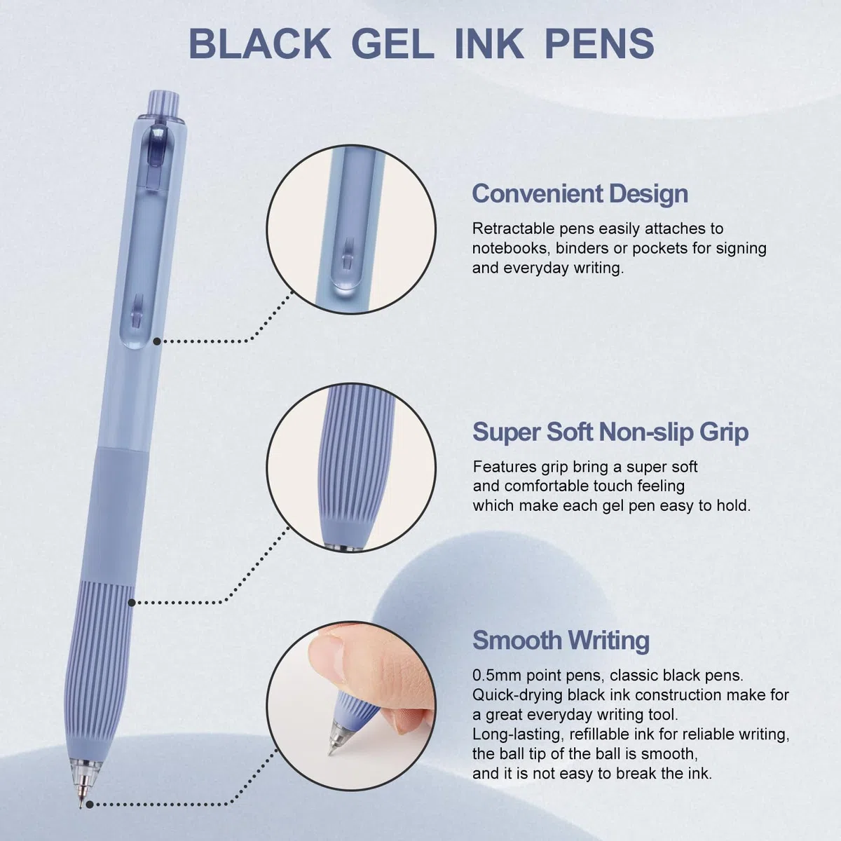 Linbsunne Bolígrafos de gel, bolígrafos de tinta negra de 0,5 mm, secado rápido, 18 unidades | Bolígrafos retráctiles de punta fina con agarre cómodo para enfermeras, profesores, diario, suministros escolares de oficina