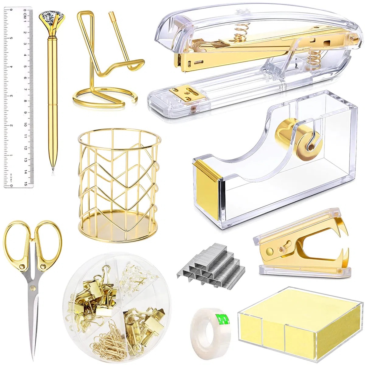 Accesorios de escritorio dorados, grapadora acrílica, removedor de grapas, soporte de cinta, soporte para bolígrafos, bolígrafo, tijeras, clips de carpeta, 1000 grapas, soporte para teléfono, regla