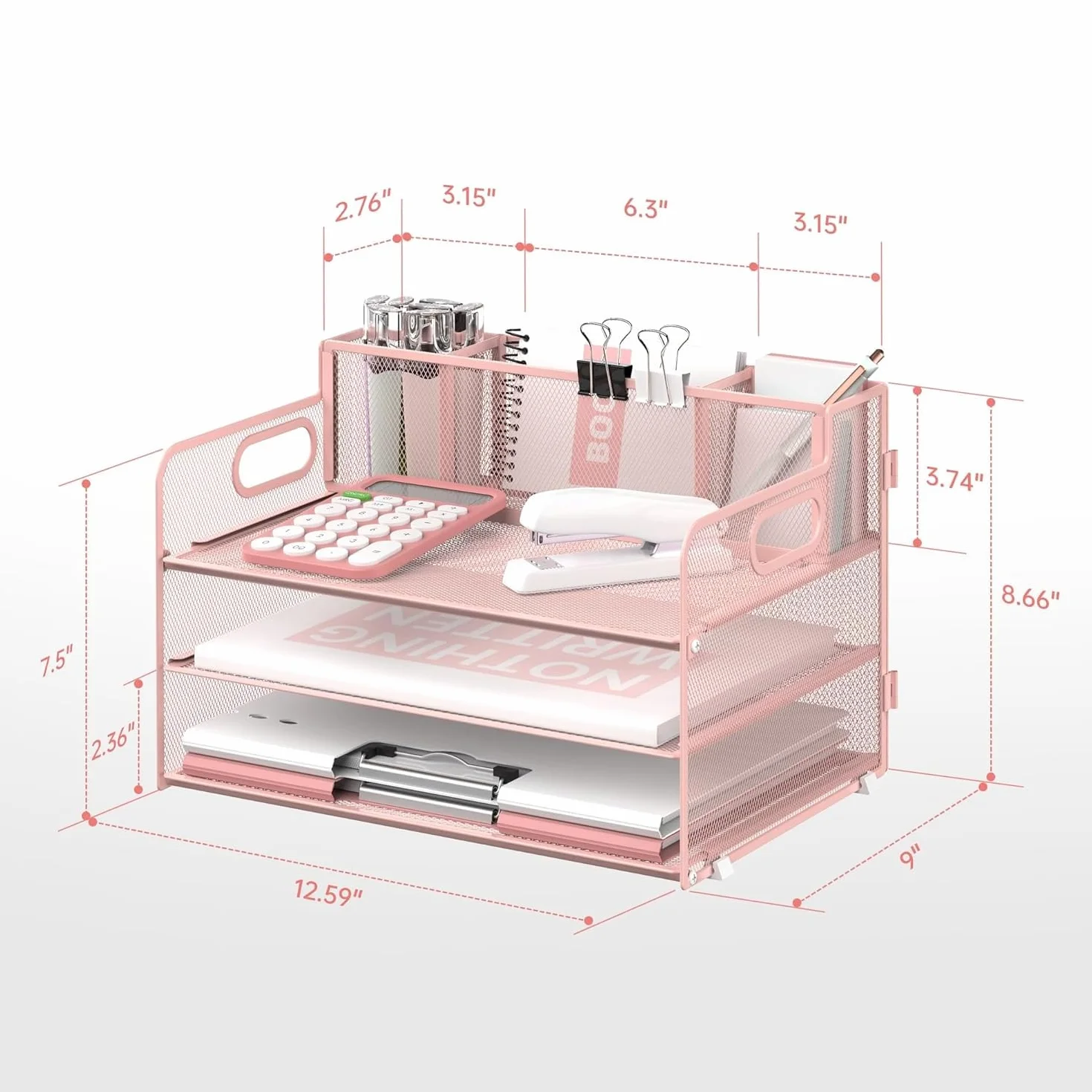 Organizador de escritorio 3 niveles con asa soportes bolígrafos papel archivos malla bandeja oficina rosa