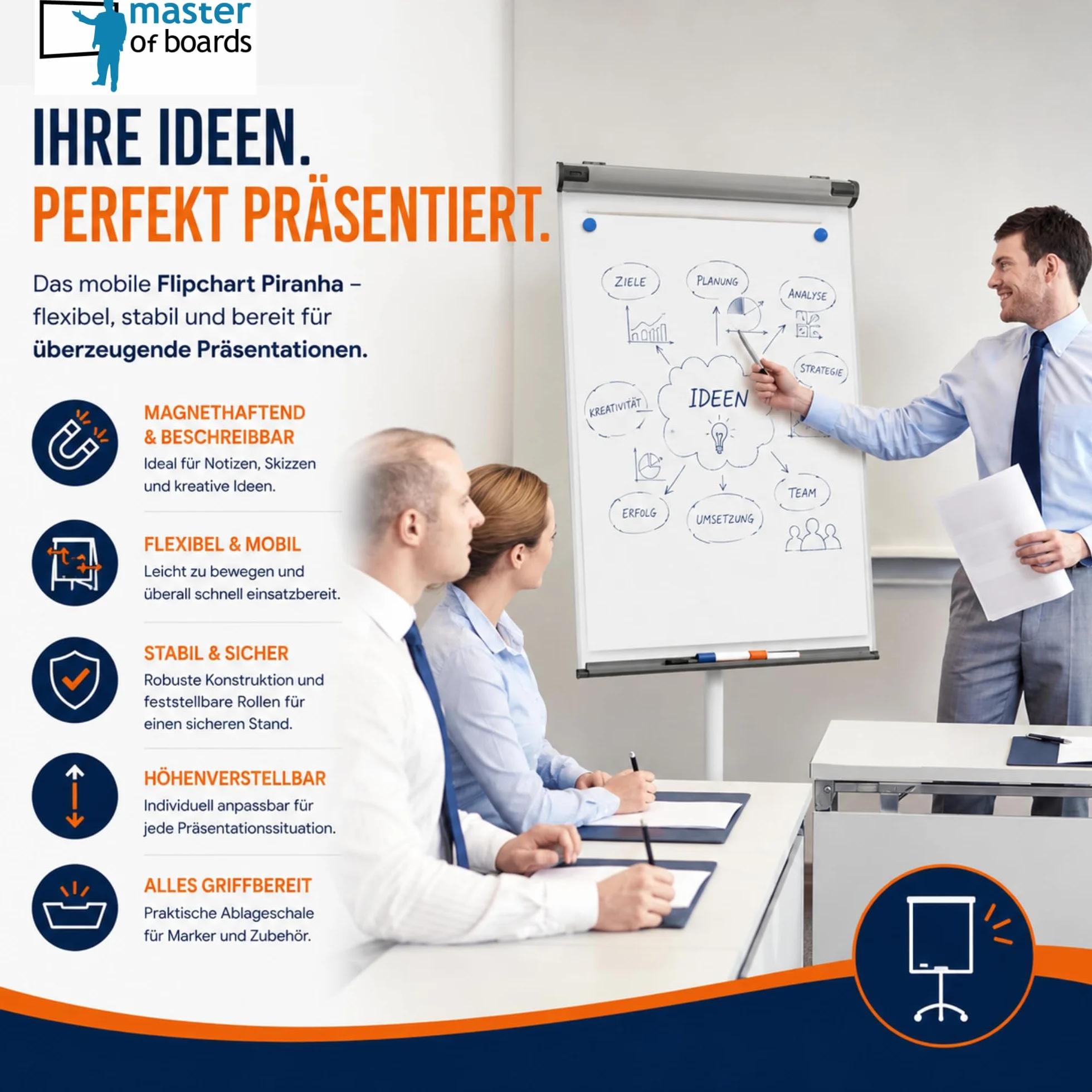 Master of Boards Profesional rotafolio con portarrollos Soporte | móvil y versátil | Papel desplegables | ajustable