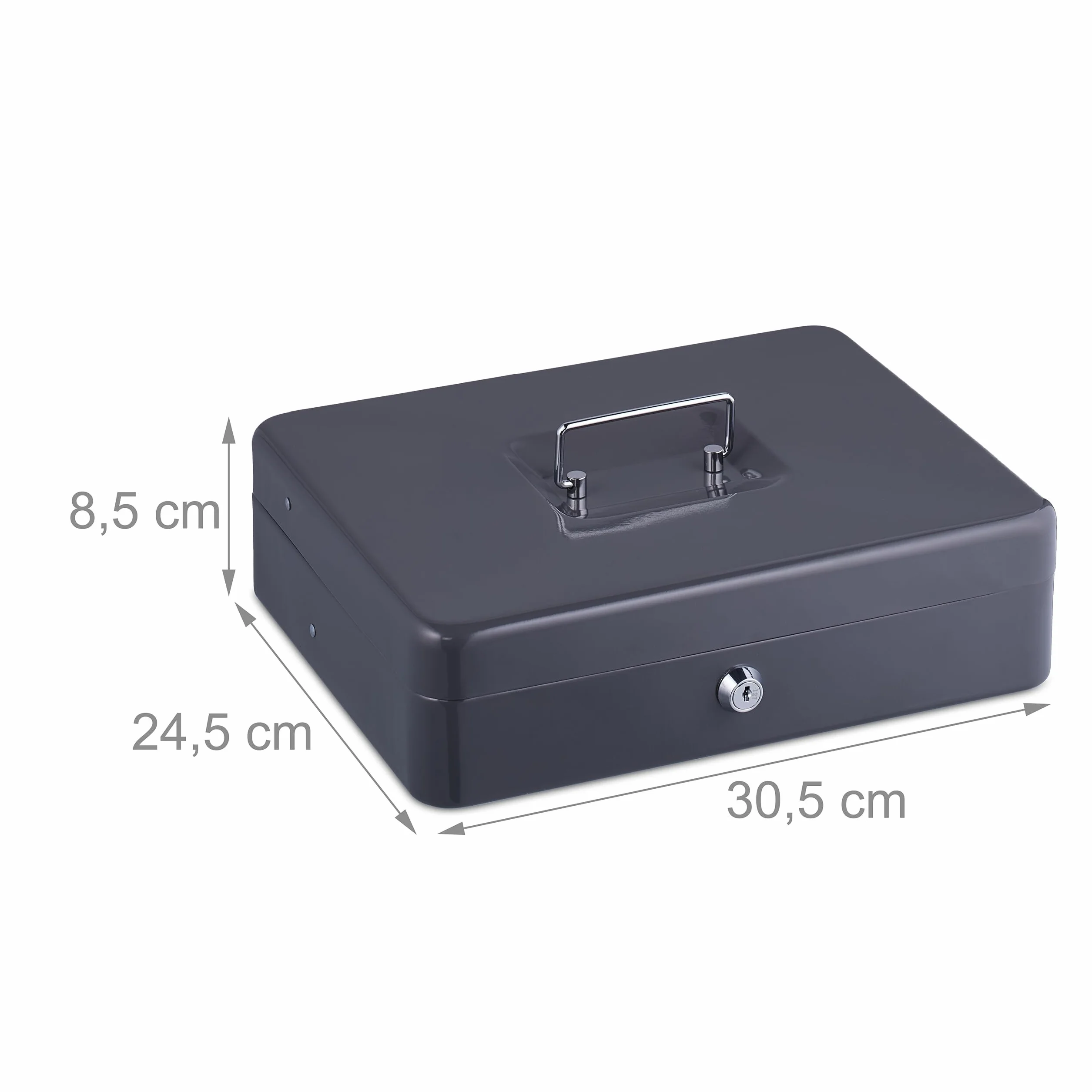 Relaxdays Caja de Dinero, con Cerradura, Hierro, Bandeja para Monedas y 4 Espacios para Billetes, 8,5x30,5x24,5 cm, Gris