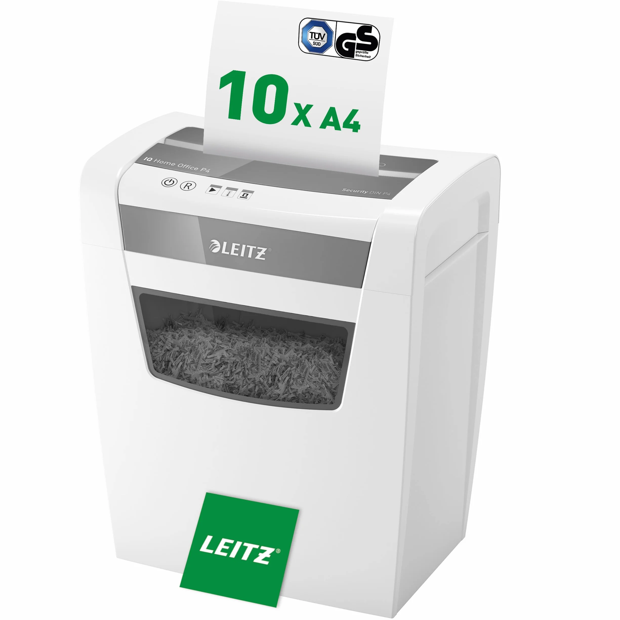 Leitz 80090000 - Destructora De Papel IQ Home Office P4 Corte Confeti, Capacidad 10-12 Hojas, Papelera 23L, Tecnología Anti Atascos, Funcionamiento Silencioso, Bloqueo De Seguridad Infantil, Blanco