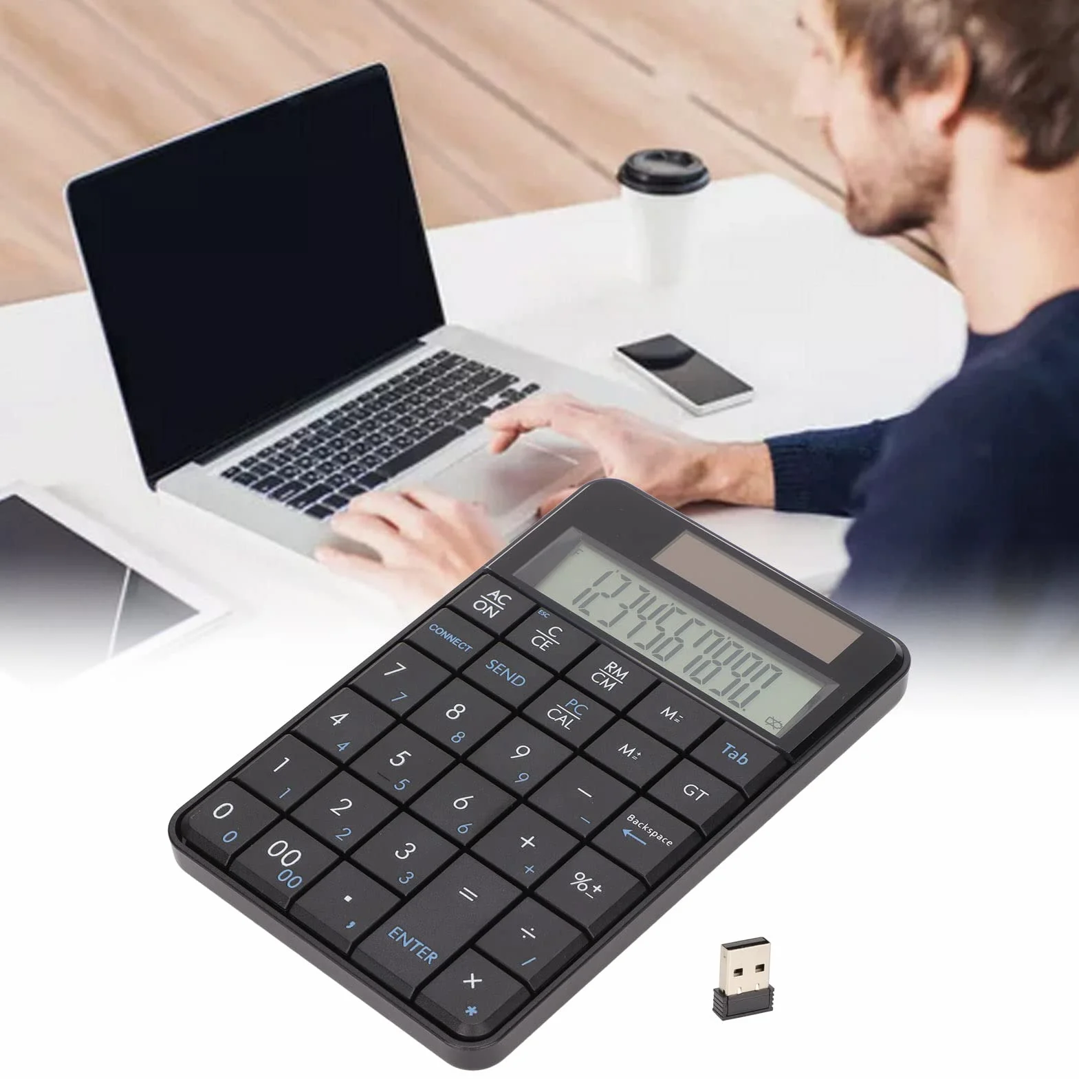 VBESTLIFE Calculadora Numpad, 29 Teclas 2 en 1 2.4GHz Calculadora USB Inalámbrica Teclado Numérico con Panel Solar, para Laptops, Bancos, Escuelas, Contabilidad Financiera