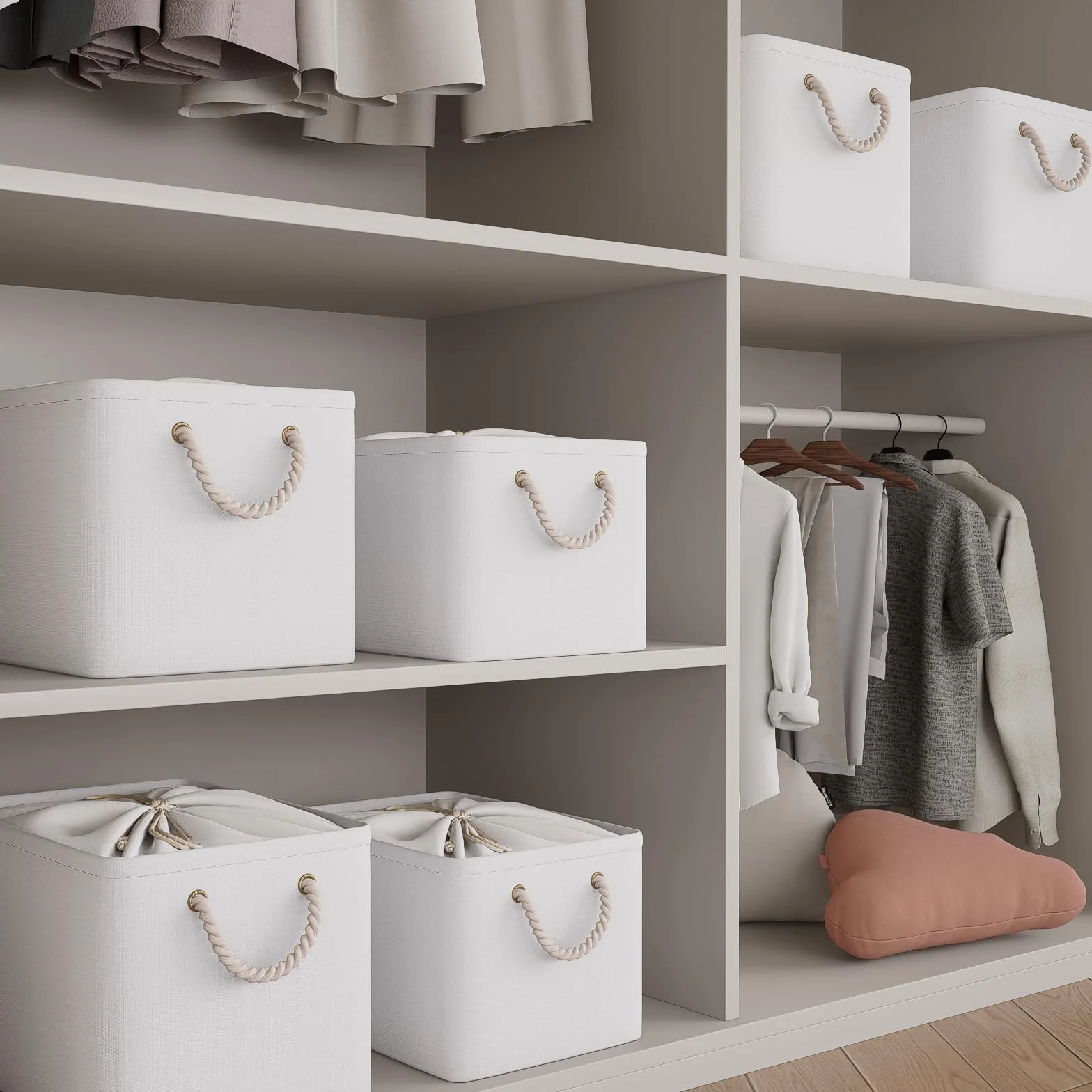 OUTBROS Juego de 3 Caja de Almacenaje plegable, 38 x 28 x 26 cm Cesta de Almacenamiento grande de tela con asas de transporte y cubierta de cordón para toallas, ropa, Blanco puro