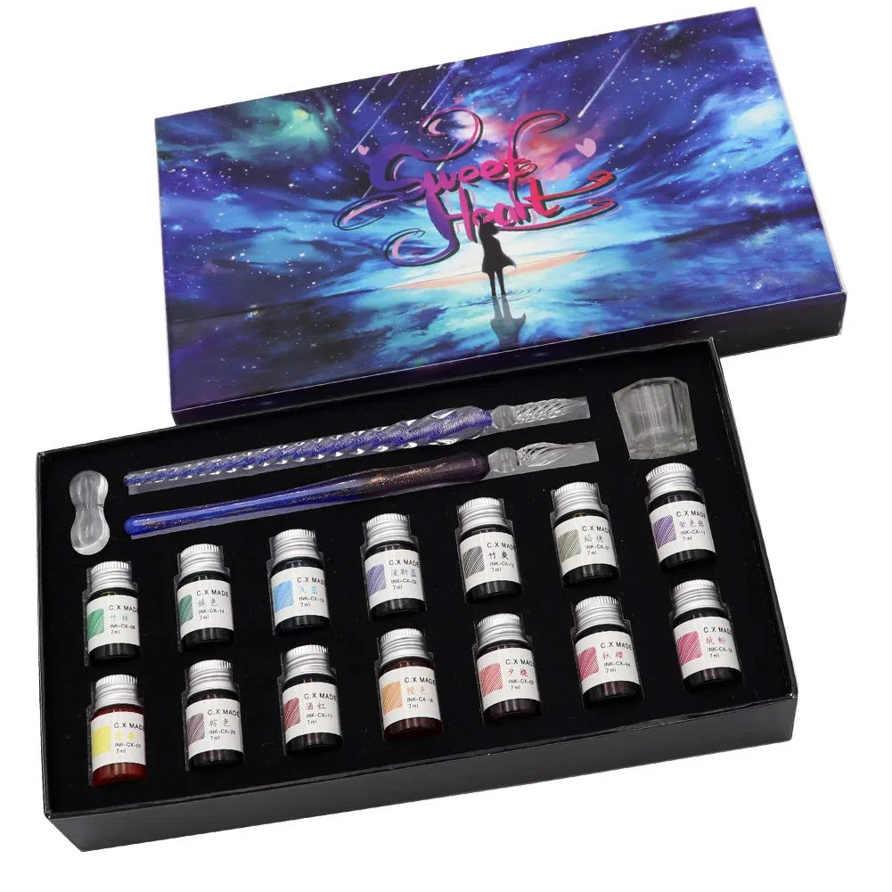 AXEARTE Juego de bolígrafos de caligrafía de cristal, 18 piezas de 14 tintas de colores, soporte para bolígrafos, taza de limpieza, 2 bolígrafos de cristal para arte, escritura, dibujo, firmas, regalo