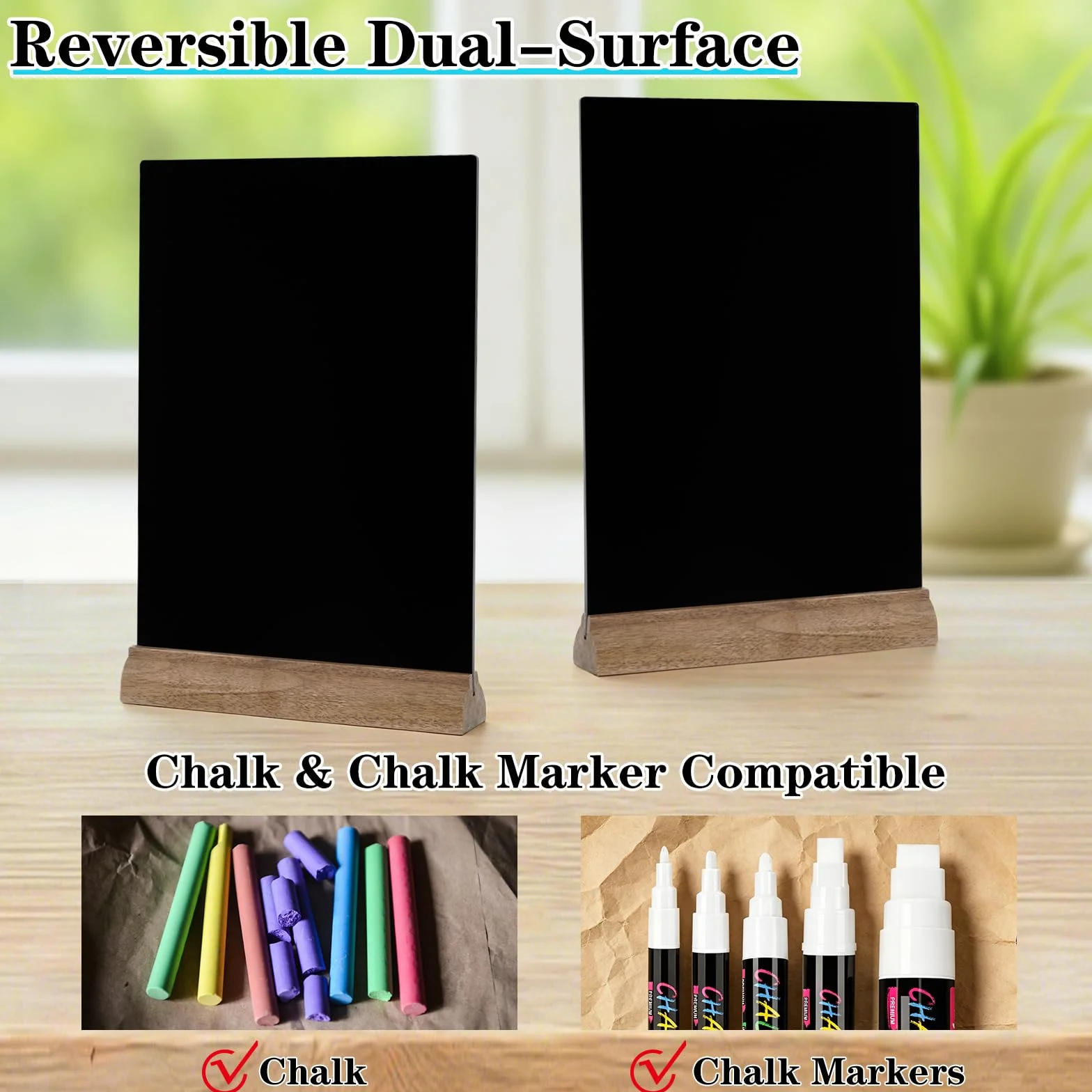 4 Piezas Pizarra Negra A4 Acrílico 3mm con Base Madera, Doble Cara Lisa/Rugosa, Horizontal/Vertical, Borrable Paño Húmedo, Cartel Mesa para Bar Restaurante Tienda