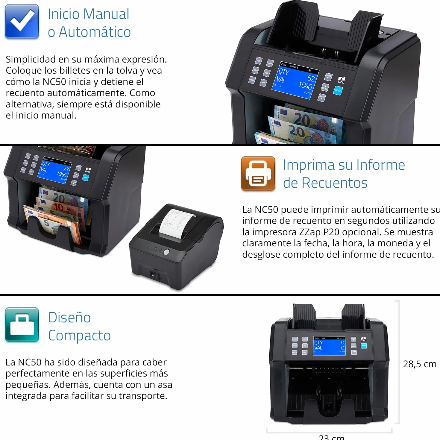 ZZap NC50 Contadora de Billetes y Detector de Falsificaciones - Contadora de Valor para Denominaciones Mixtas - Máquina de Efectivo