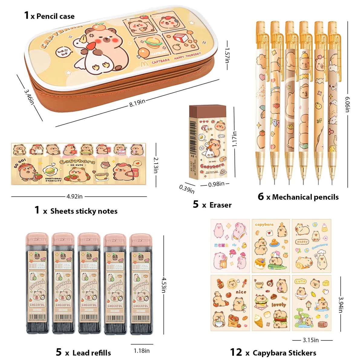 Capybara - Suministros escolares, juego de lápices mecánicos Capybara, regalos de cumpleaños de papelería Kawaii, incluye lápices mecánicos, recambios de plomo, gomas de borrar, calcomanías de