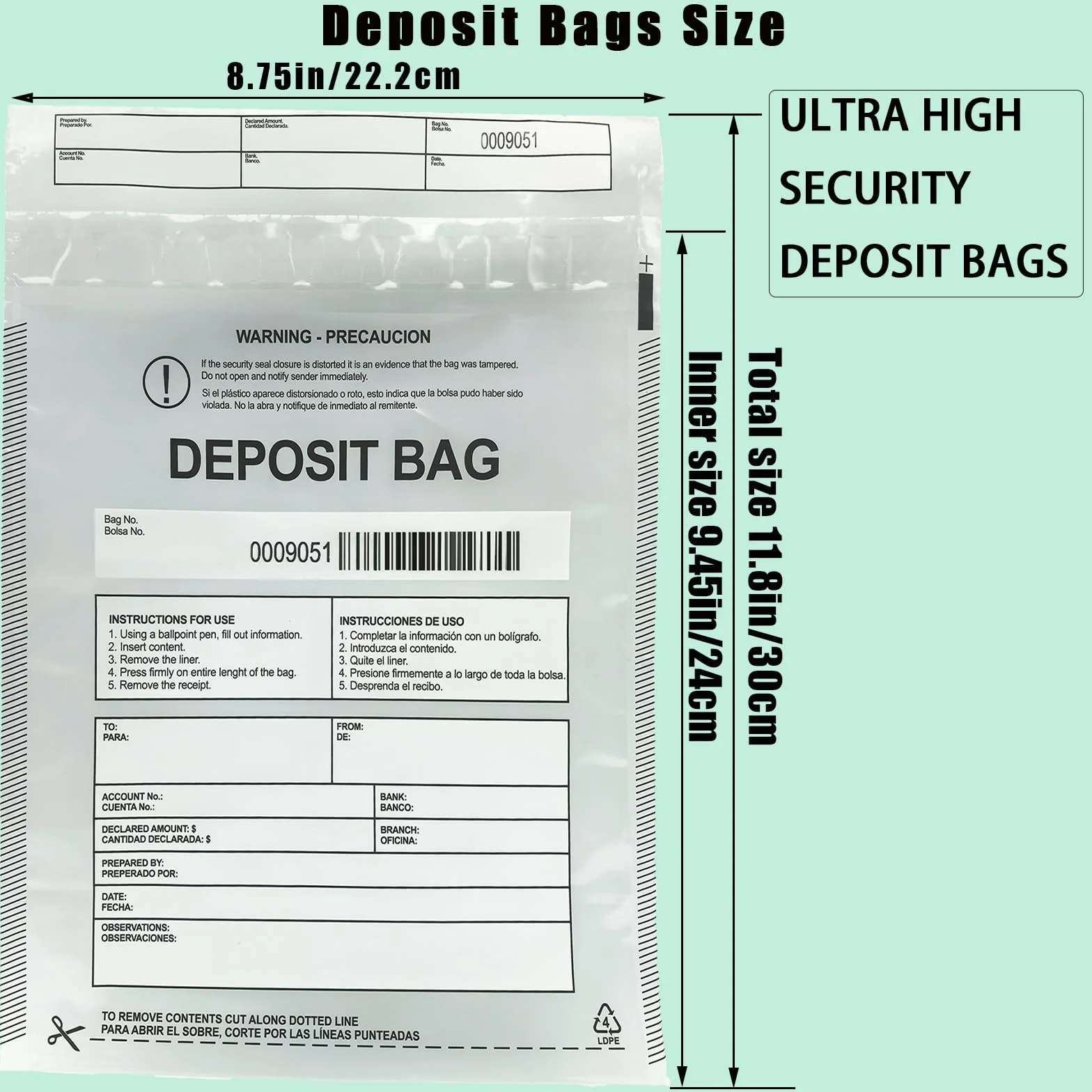 Paquete de 100 bolsas de plástico transparentes de 9 x 12 pulgadas, bolsas de depósito bancario de seguridad, bolsas de caja registradora, bolsa de dinero para dinero en efectivo, bolsillo bancario,