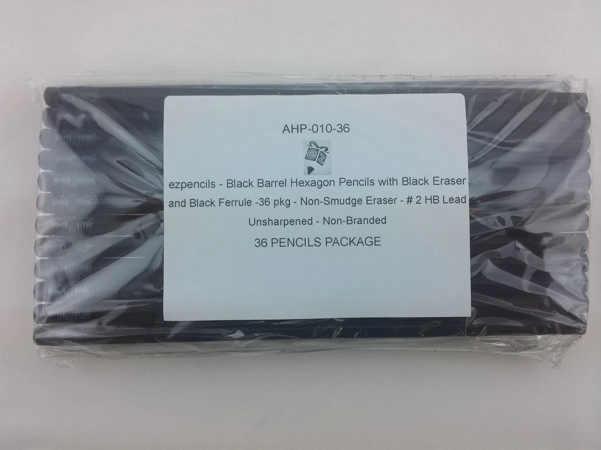 ezpencils, lápices hexagonales de barril negro con borrador negro y virola negra - 36 unidades - Borrador sin manchas - # 2 HB plomo - Sin afilar - Sin marca
