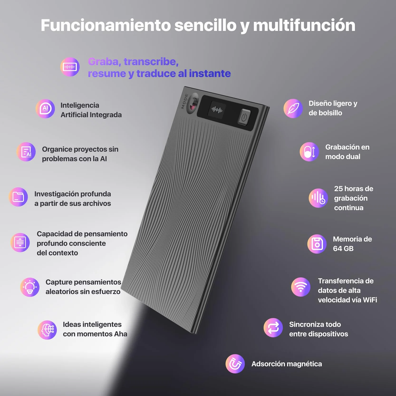 Mobvoi TicNote Grabadora de Voz IA 64GB Digital para Llamadas Clases y Reuniones
