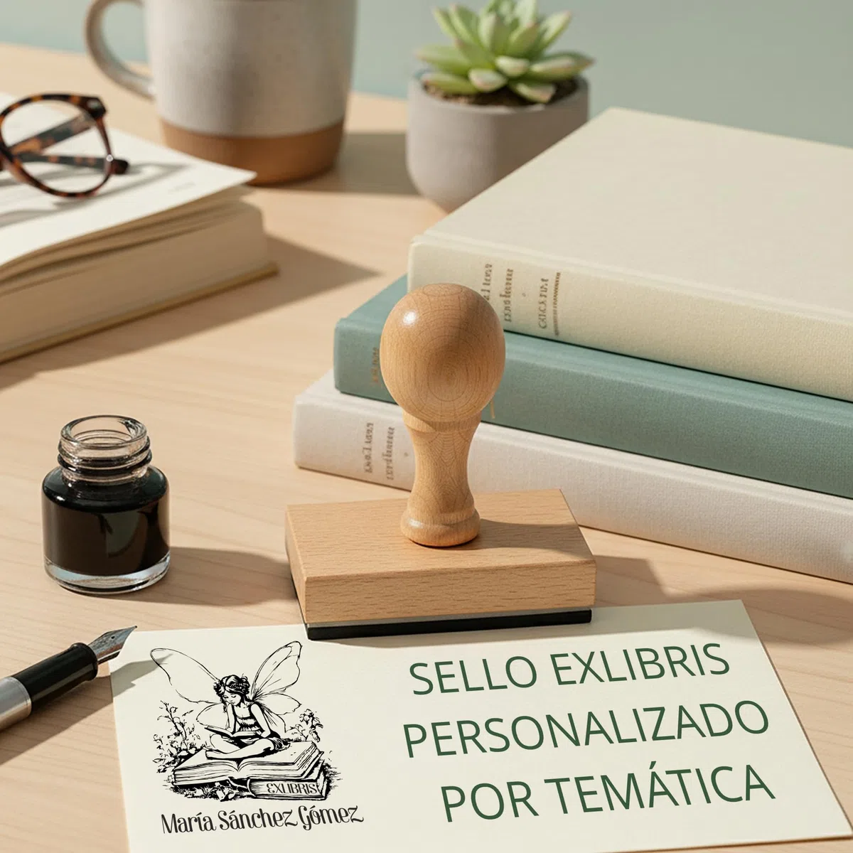 STAMPA | Ex Libris Personalizado Hada Leyendo – Sello para Libros con Nombre | Caucho Grabado Láser + Madera Haya/Caoba | Almohadilla de Tinta Negro/Azul/Rojo/Verde | Caja Regalo
