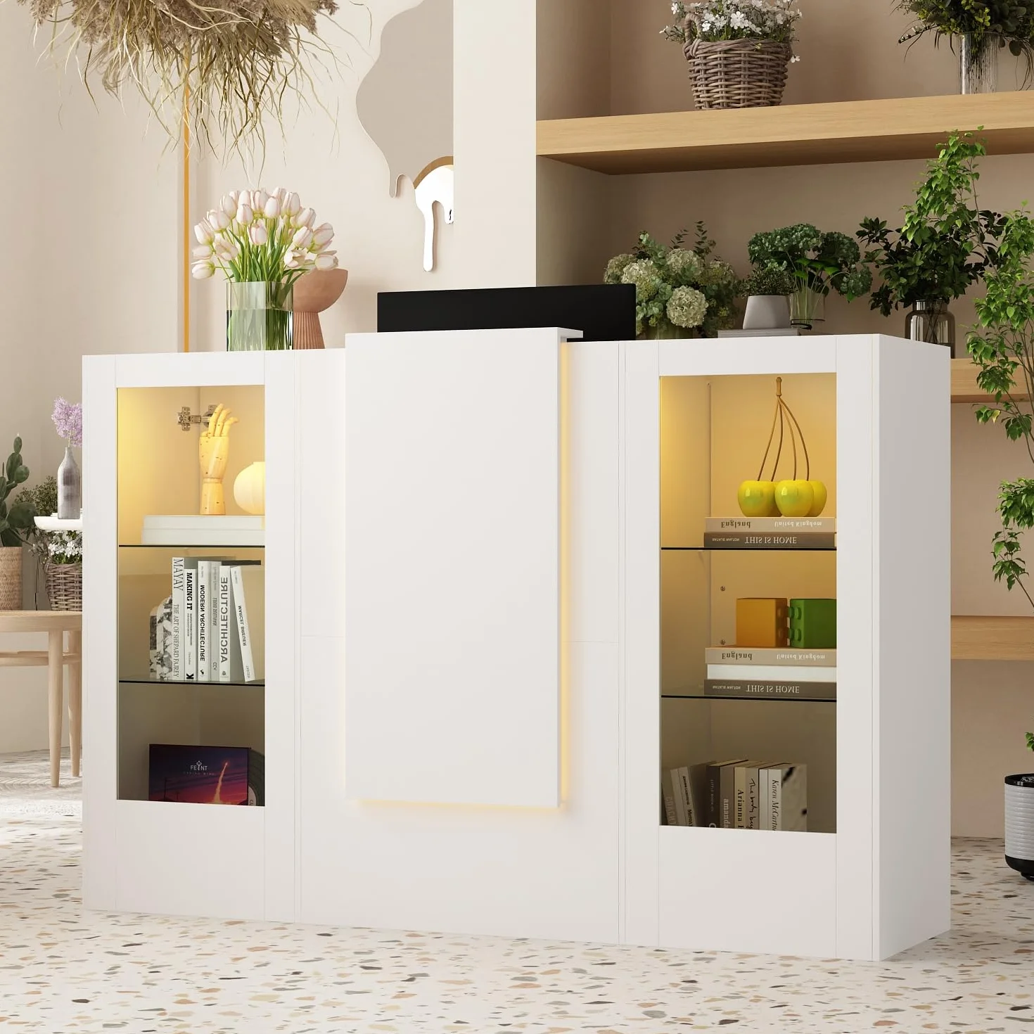 Mesa de recepción blanca con barra de luz, 2 armarios y 1 cajón de teclado, 150 x 52 x 100 cm