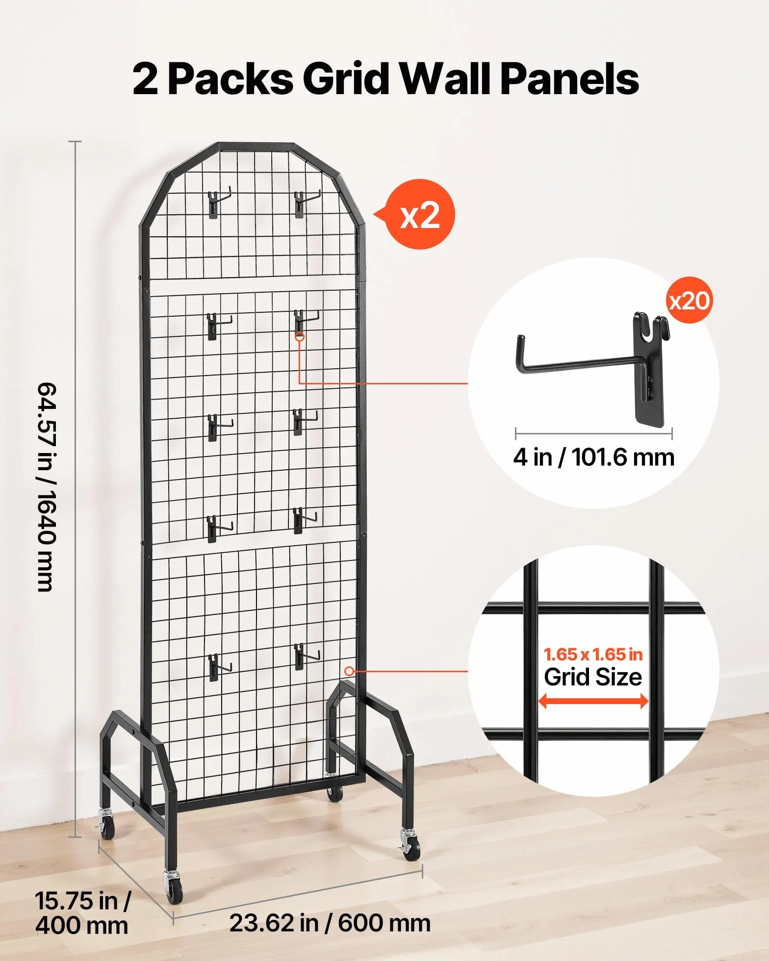 VEVOR Paneles de Pared de Rejilla 2 Unidades Expositor 60 x 40 x 164 cm con Ruedas y 20 Ganchos Estantes de Acero al Carbono Negro