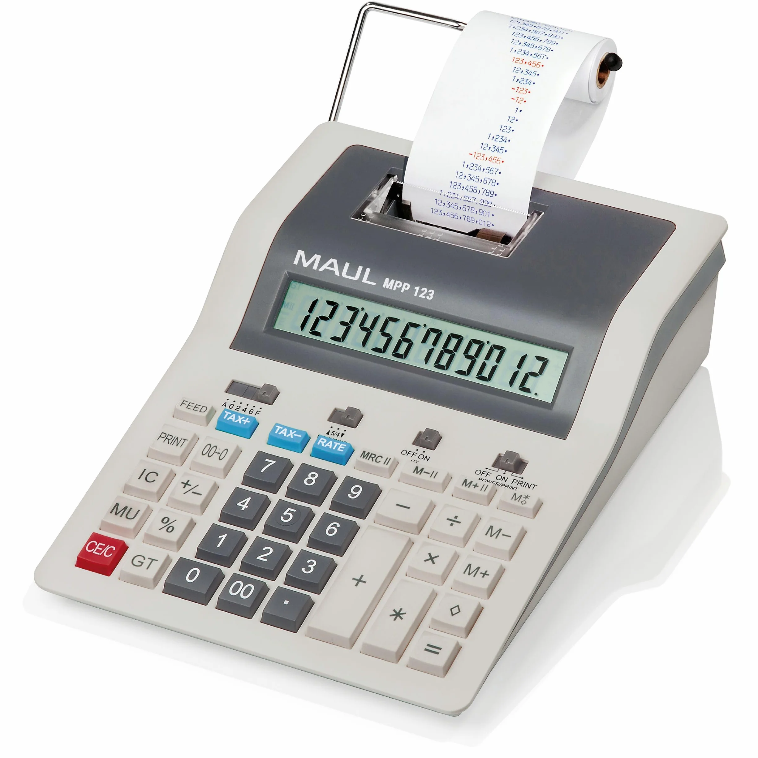 Maul Calculadora de Escritorio Printing MPP 123, Calculadora de impresión con Importantes Funciones comerciales y Pantalla de 12 dígitos, Impresión en 2 Colores, 2,4 líneas/seg, Funcionamiento a