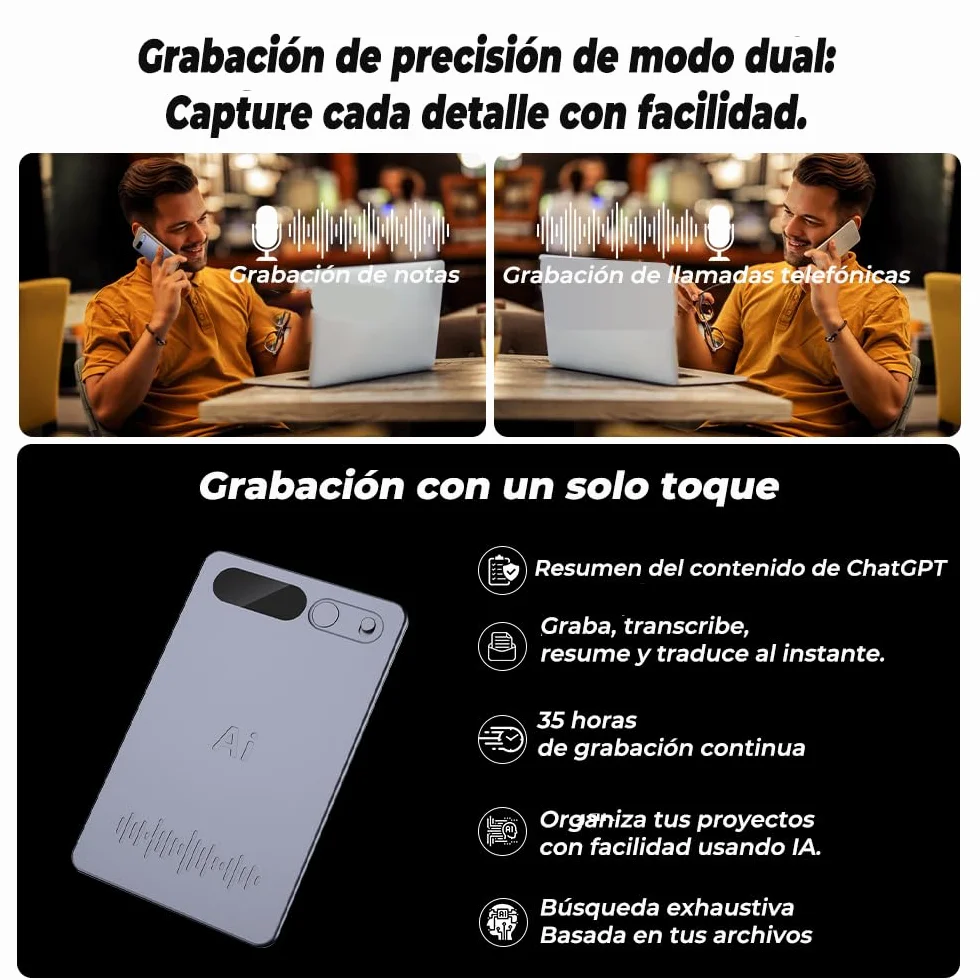 Grabadora de Voz Espía con Estuche Negro, Transcripción y Resumen IA, Soporte Multilingüe, App, 64 GB