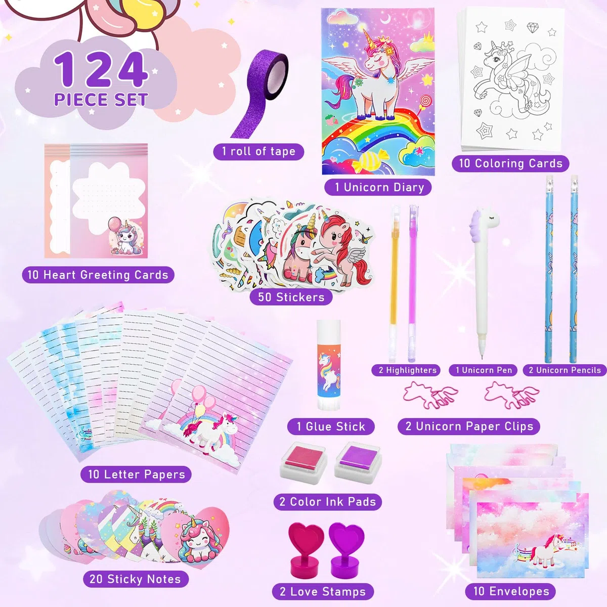 Set de Papeleria Bonita Unicornio, Material Escolar y Papeleria, Regalos de Papelería para Niñas de 6 7 8 9 10 11 12 Años, DIY Regalo para Cumpleaños y Navidad, 124 Piezas, Morado‌