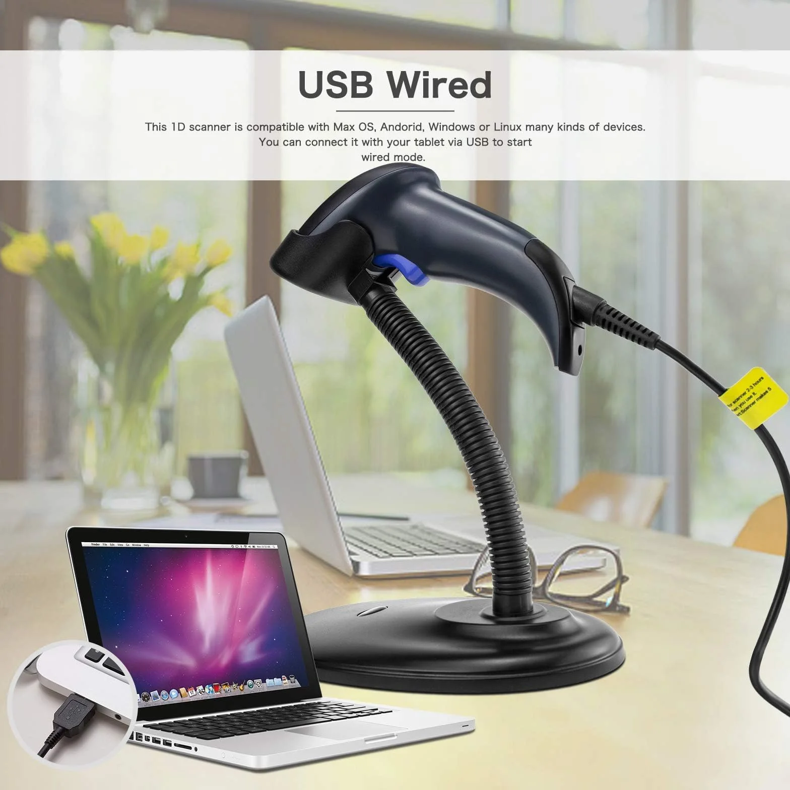 NETUM Lector de códigos de Barras 2D con Soporte, Cable USB, Lector códigos de Barras (QR, PDF417, Data Matrix) NT-W9
