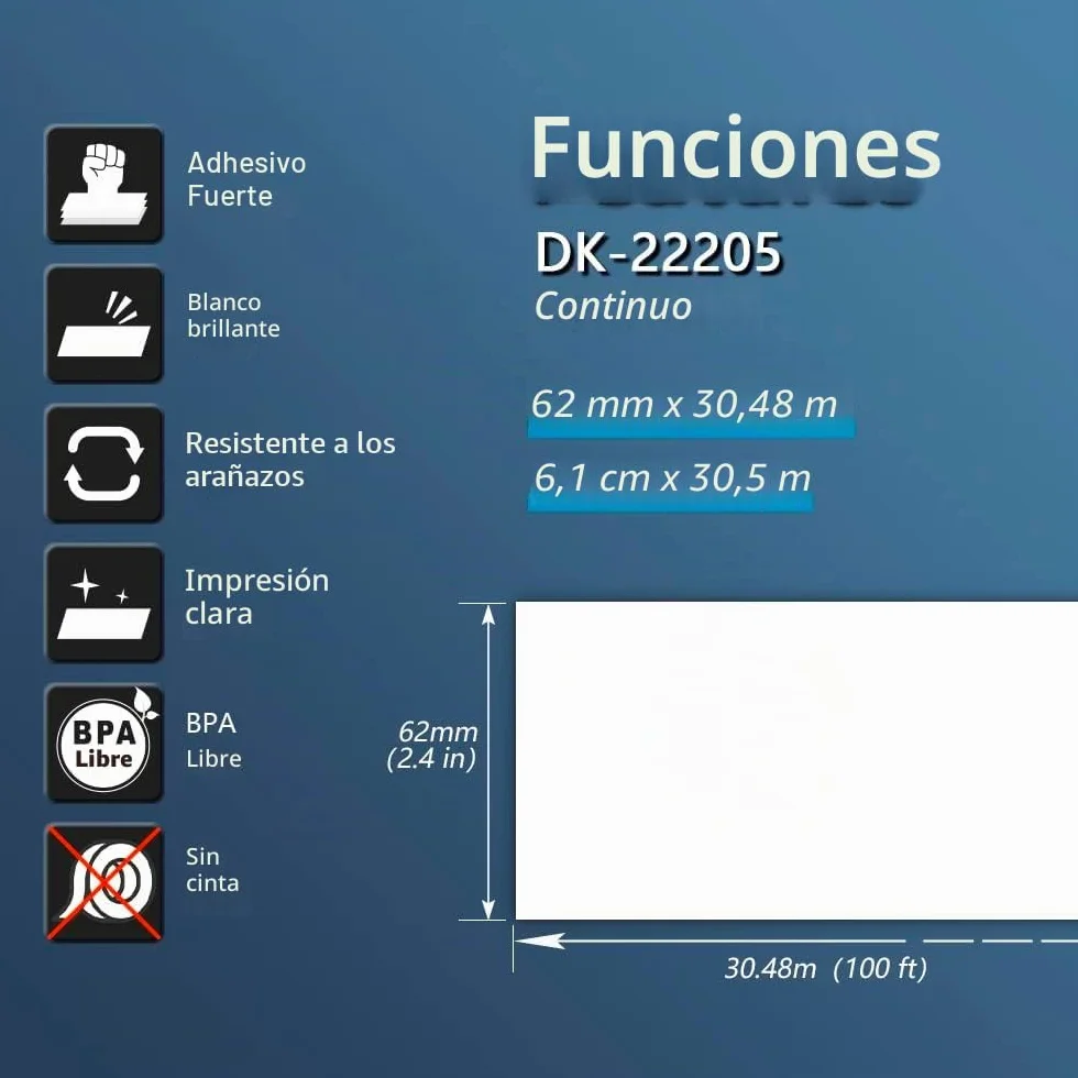 BETCKEY DK-22205 Etiquetas Adhesivas 62mm x 30.48m 10 Rollos Papel Térmico para Brother QL